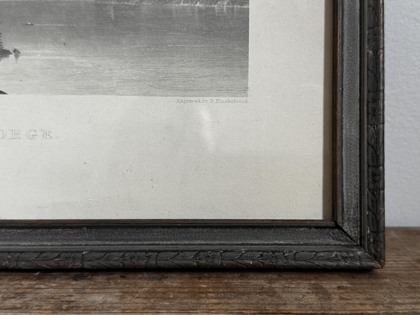 Antique Lake George Water New York Engraving Print in Grey Frame Wall Art