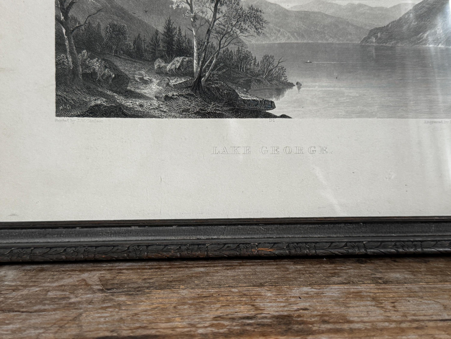 Antique Lake George Water New York Engraving Print in Grey Frame Wall Art