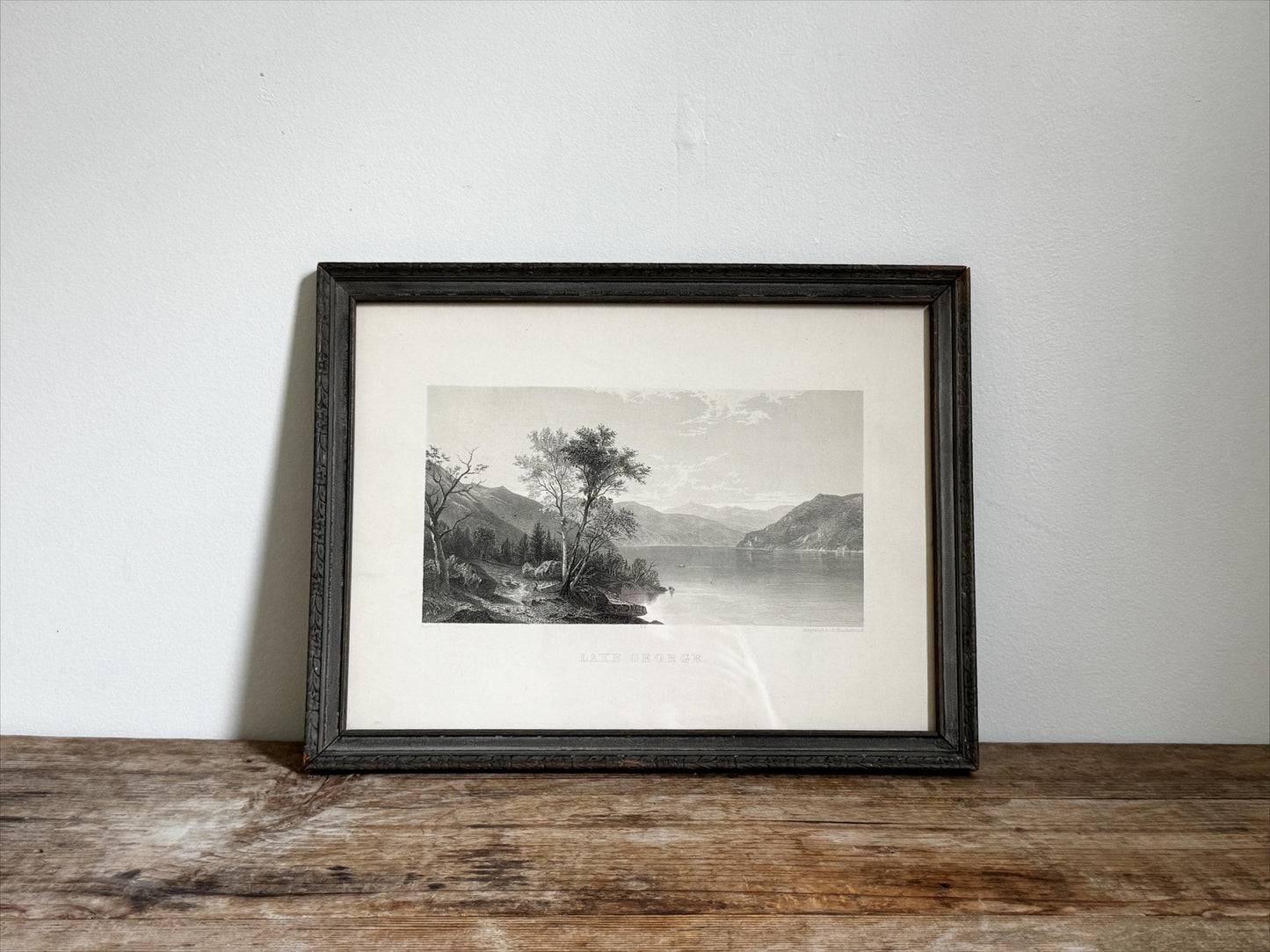 Antique Lake George Water New York Engraving Print in Grey Frame Wall Art