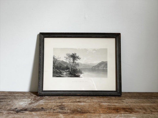 Antique Lake George Water New York Engraving Print in Grey Frame Wall Art