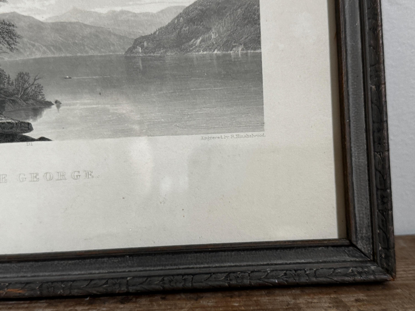 Antique Lake George Water New York Engraving Print in Grey Frame Wall Art