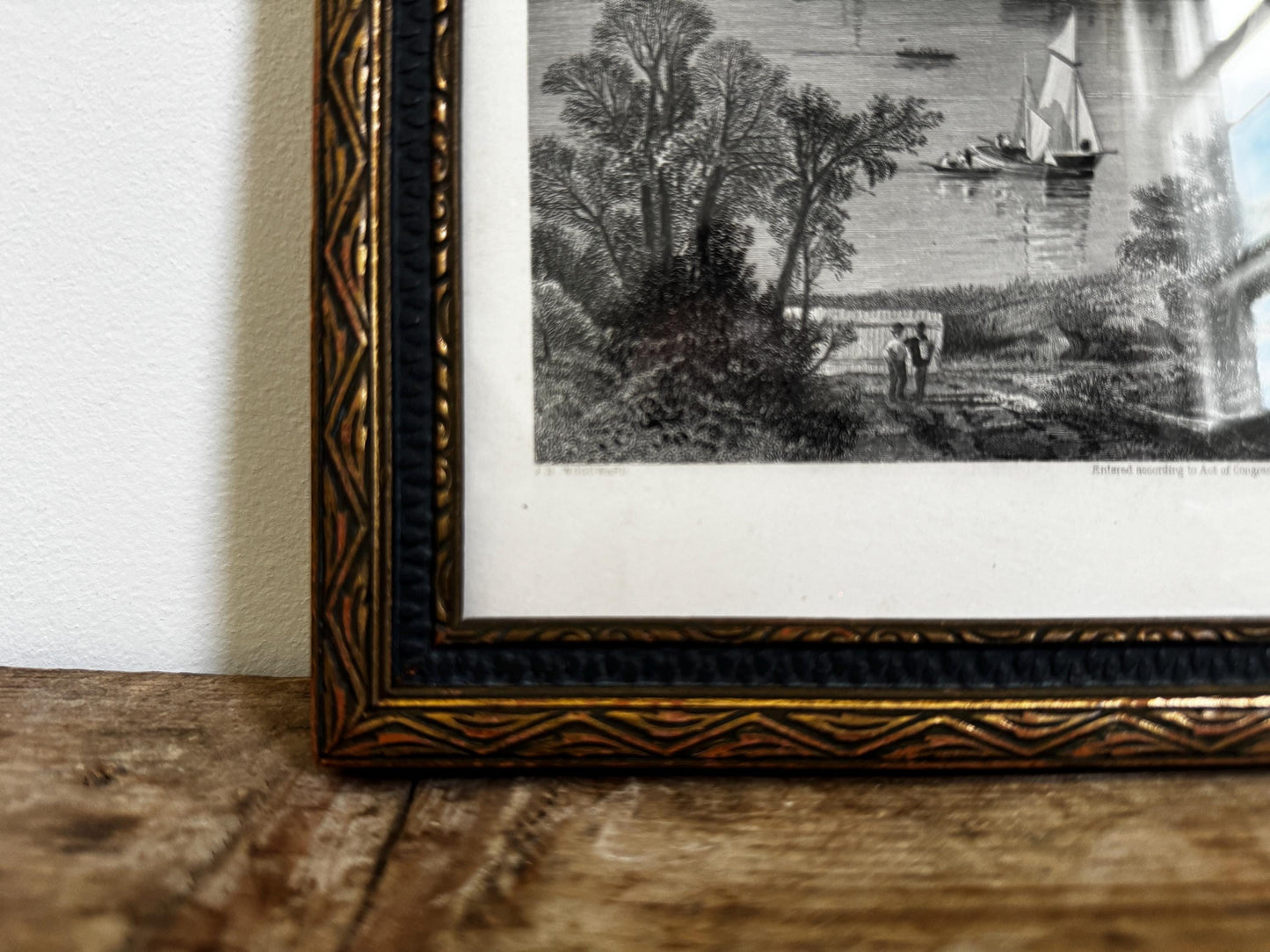 Antique Quebec River Water Canada Engraving Print in Wood Frame Wall Art St. Lawrence River