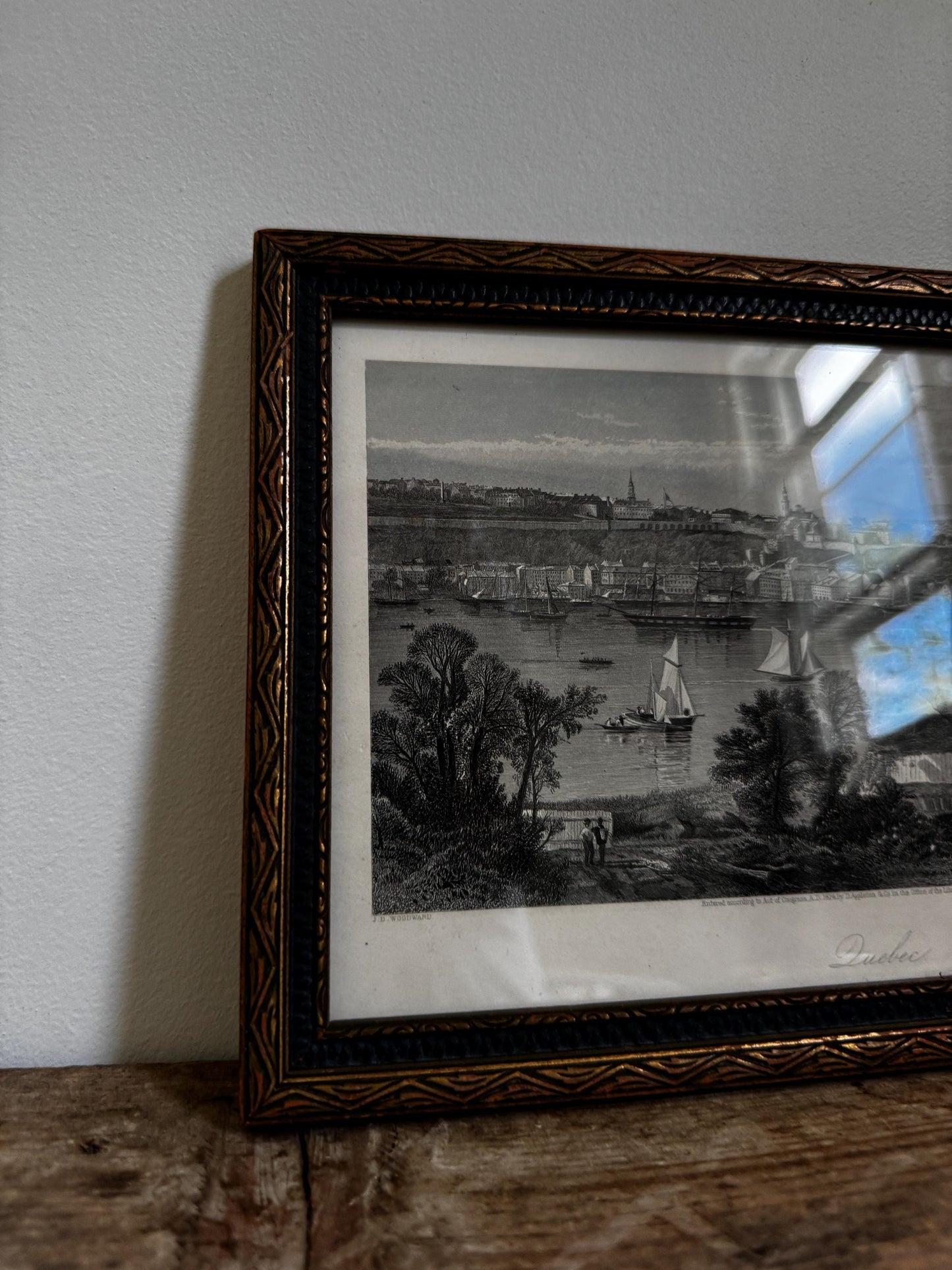 Antique Quebec River Water Canada Engraving Print in Wood Frame Wall Art St. Lawrence River