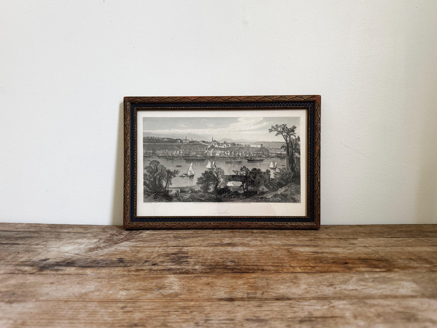 Antique Quebec River Water Canada Engraving Print in Wood Frame Wall Art St. Lawrence River