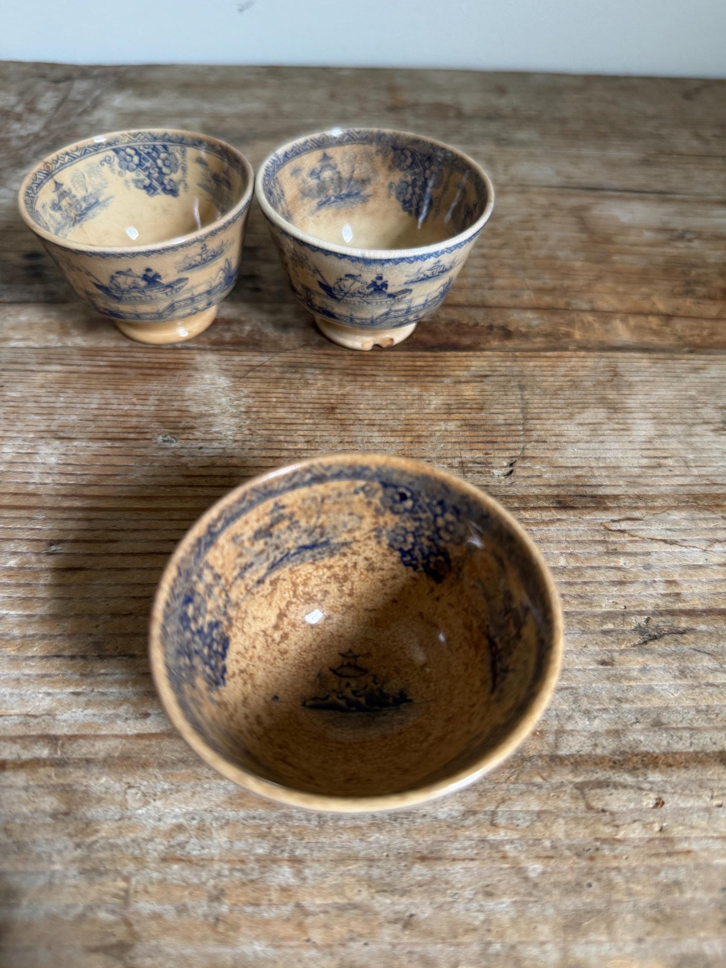 Antique 3 Staffordshire Blue Transferware Footed Tea Bowl Chinoiserie Pagoda Scene English Turkish Market Cup