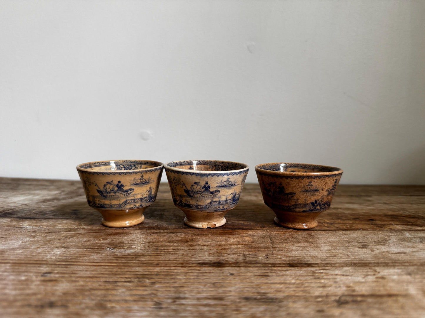 Antique 3 Staffordshire Blue Transferware Footed Tea Bowl Chinoiserie Pagoda Scene English Turkish Market Cup