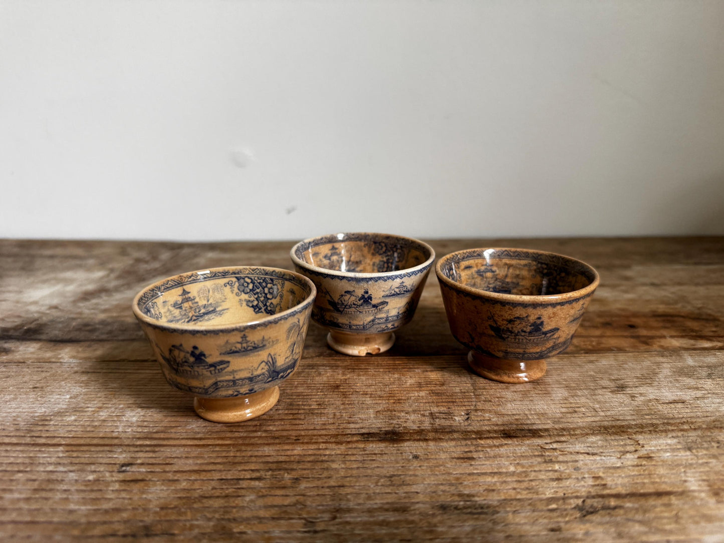 Antique 3 Staffordshire Blue Transferware Footed Tea Bowl Chinoiserie Pagoda Scene English Turkish Market Cup