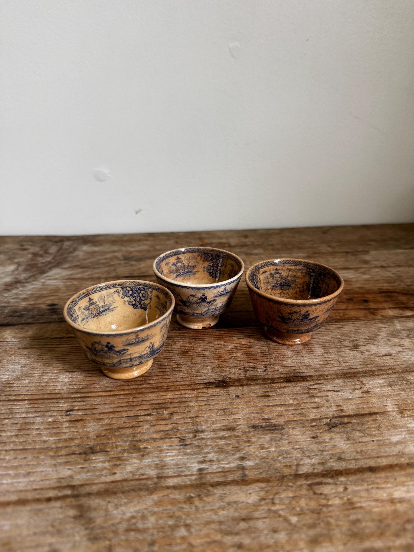 Antique 3 Staffordshire Blue Transferware Footed Tea Bowl Chinoiserie Pagoda Scene English Turkish Market Cup