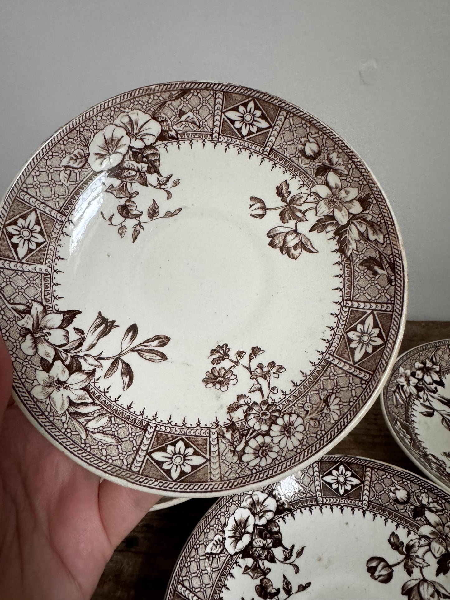 Set of 4 S&P Antique Staffordshire Brown Transferware Saucers, “Salisbury” Pattern 5.75 England