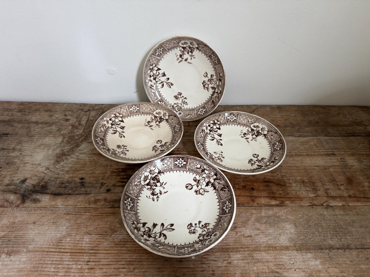 Set of 4 S&P Antique Staffordshire Brown Transferware Saucers, “Salisbury” Pattern 5.75 England