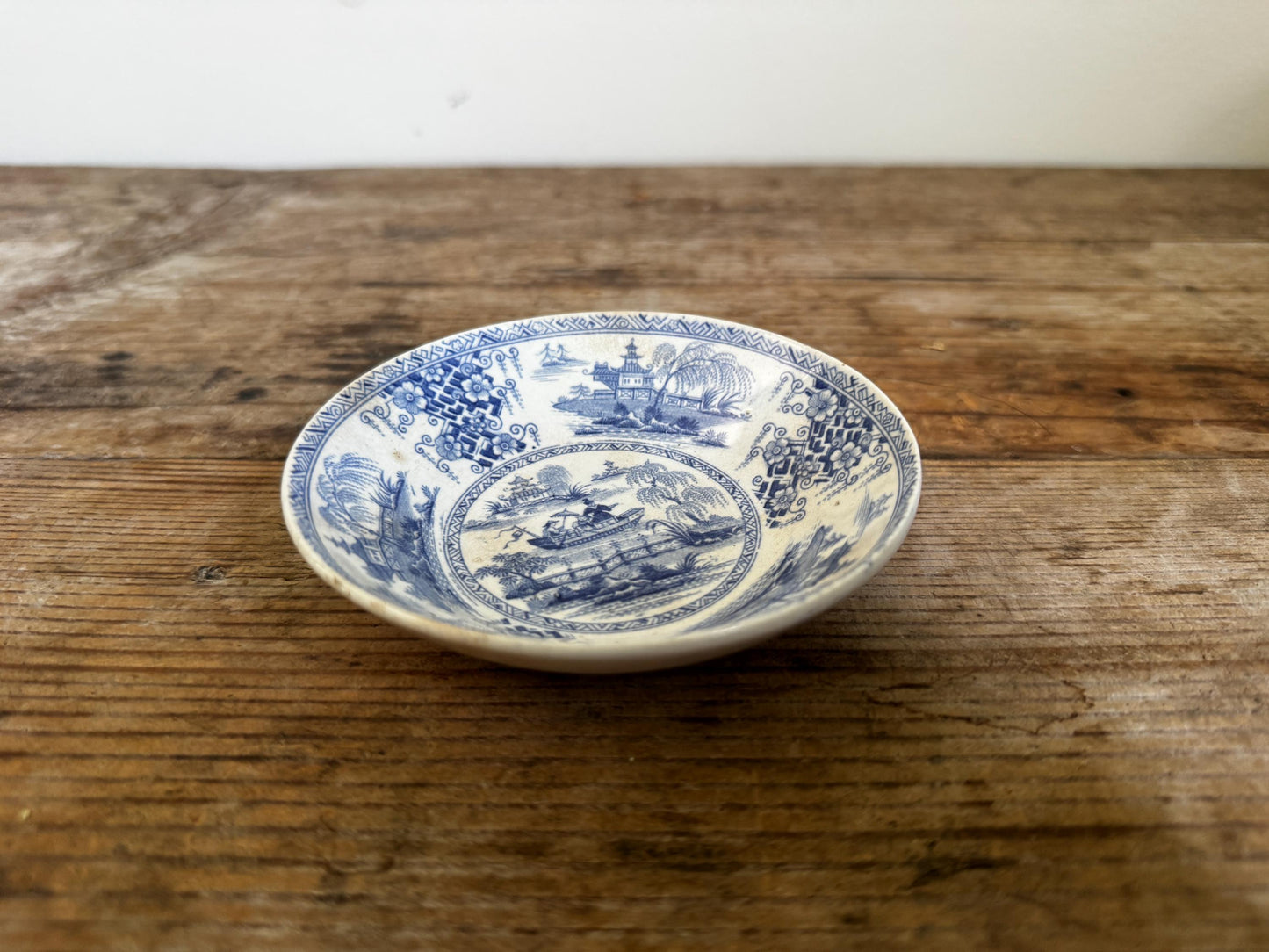 Antique Staffordshire Blue Transferware Mini Saucer Bowl Chinoiserie Pagoda Scene English