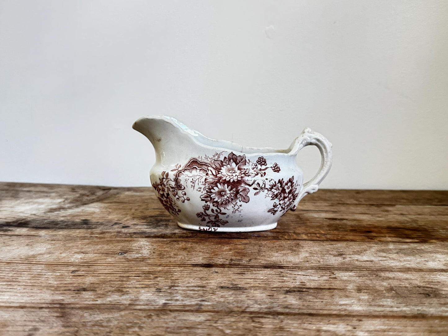 Antique Irene DR England Floral Brown White Transferware Creamer Gravy Boat Serving Antique Distressed Ironstone 1800s