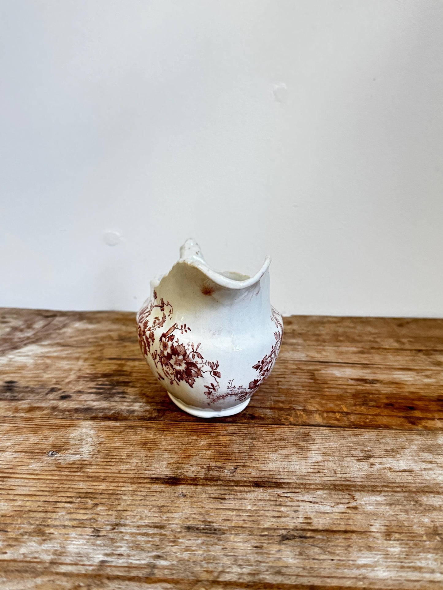 Antique Irene DR England Floral Brown White Transferware Creamer Gravy Boat Serving Antique Distressed Ironstone 1800s