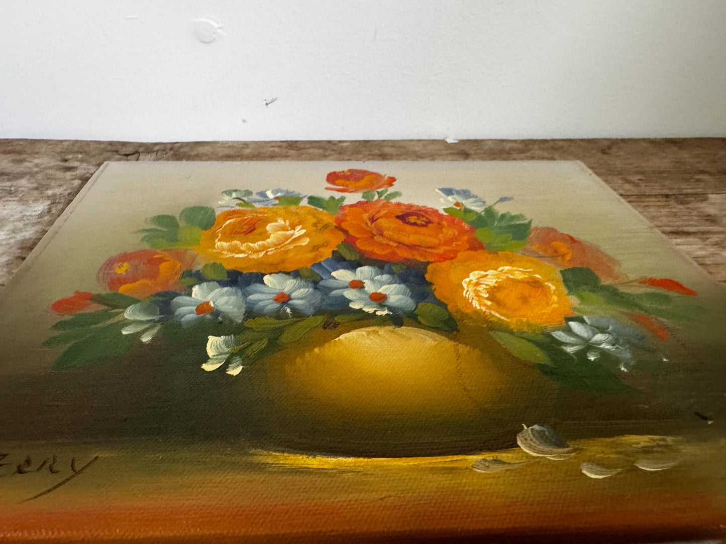 Vintage Floral Oil Painting on Canvas 8x10 Orange Flowers "Berry"