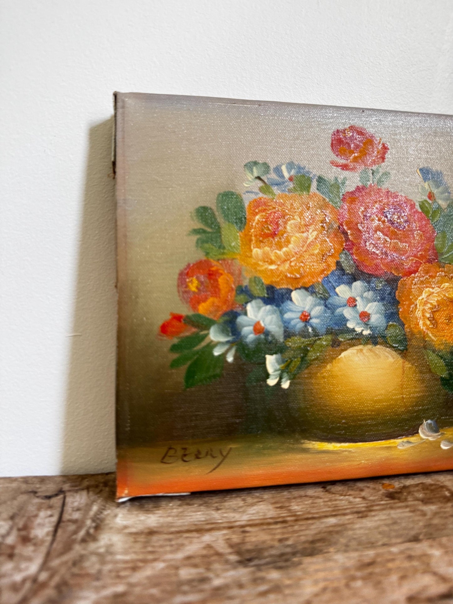 Vintage Floral Oil Painting on Canvas 8x10 Orange Flowers "Berry"