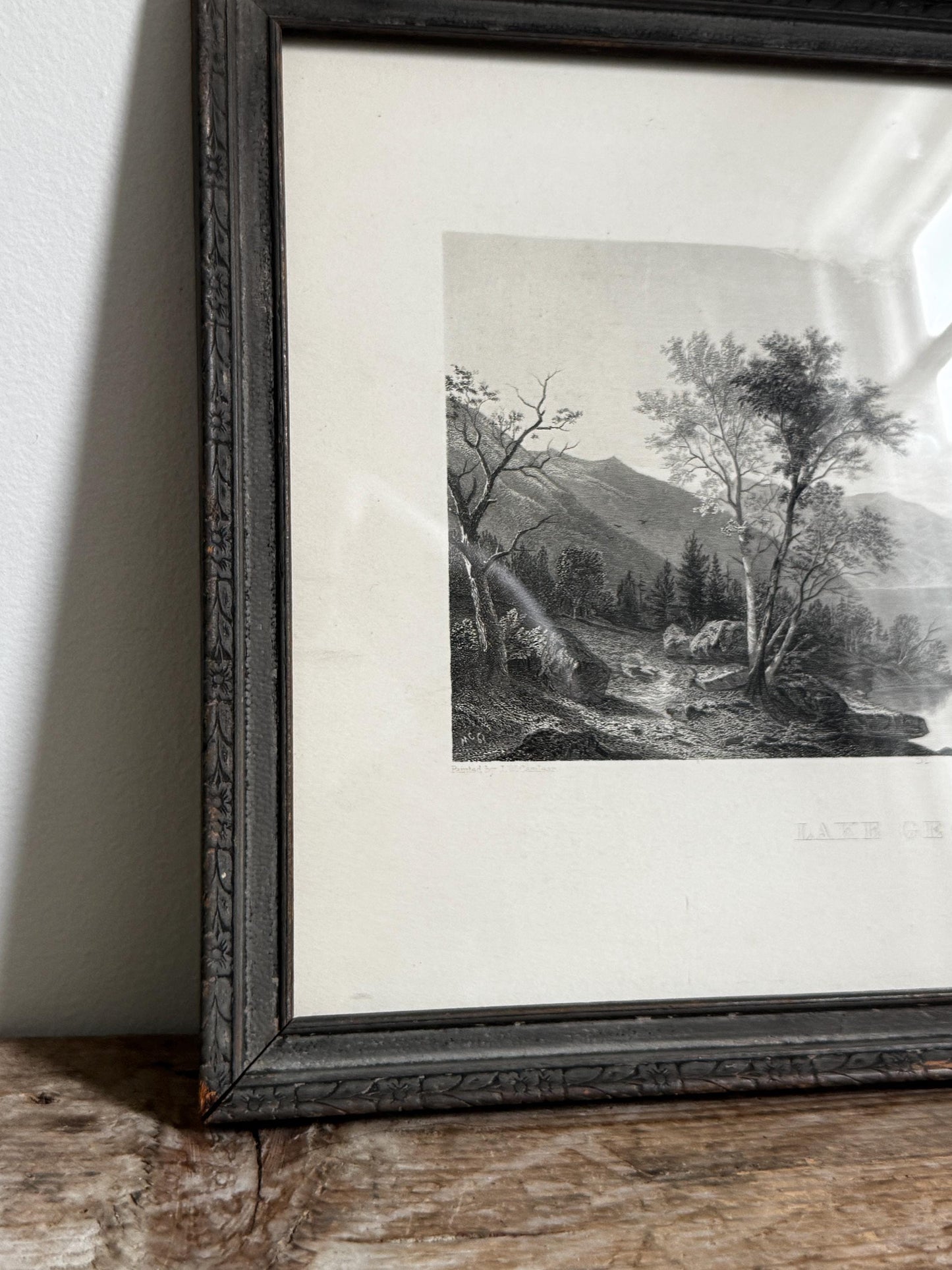 Antique Lake George Water New York Engraving Print in Grey Frame Wall Art