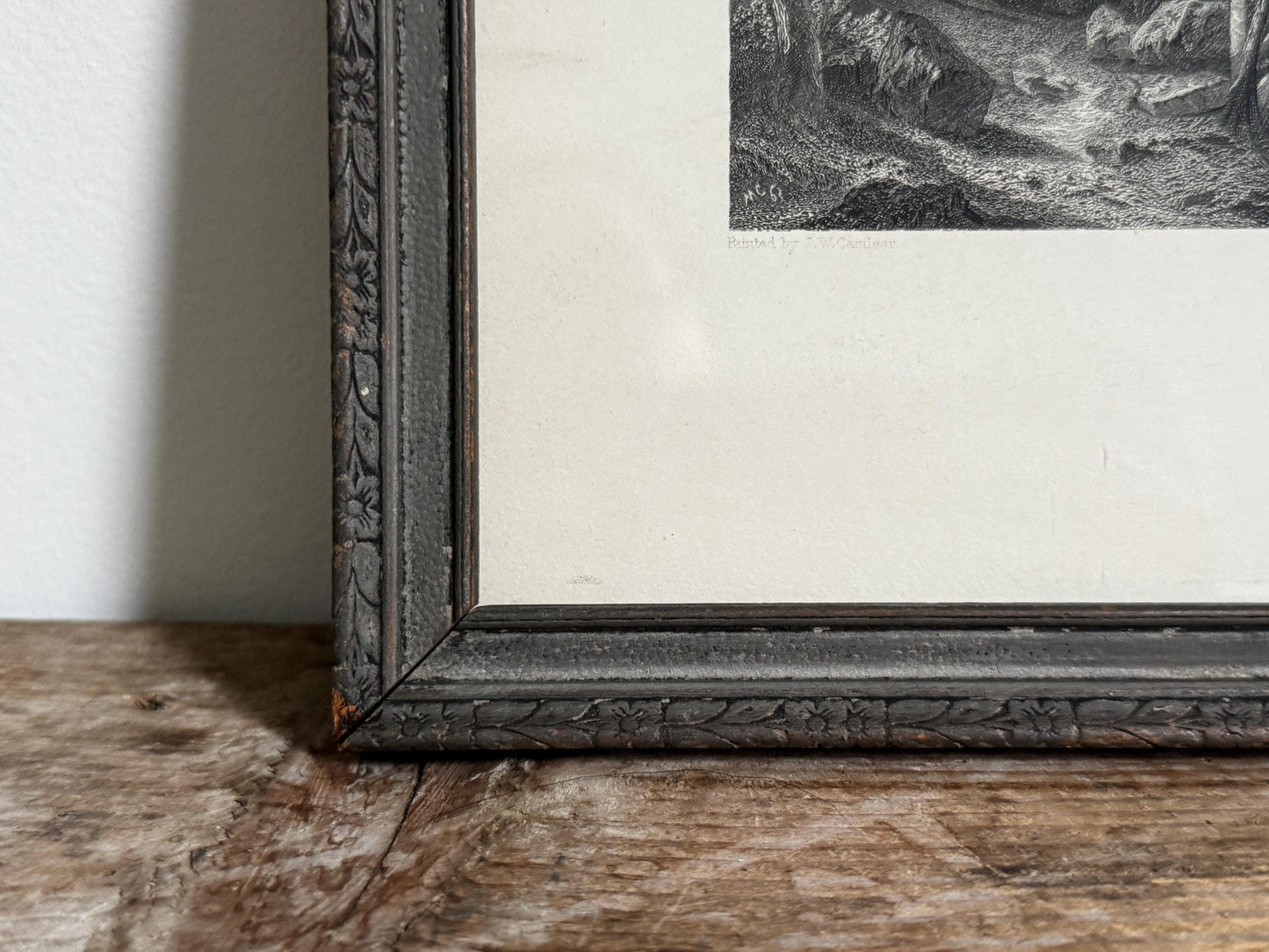 Antique Lake George Water New York Engraving Print in Grey Frame Wall Art