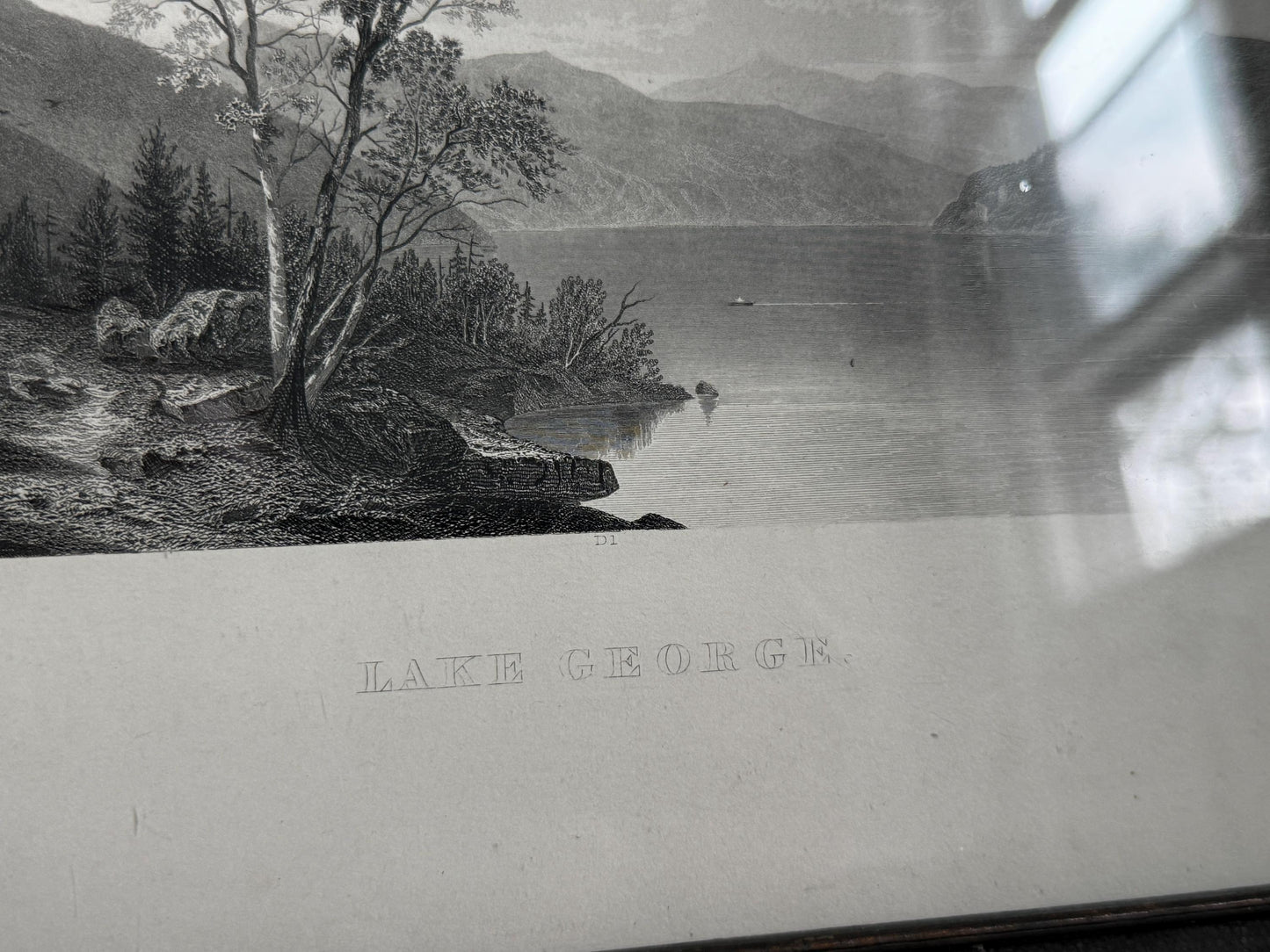 Antique Lake George Water New York Engraving Print in Grey Frame Wall Art