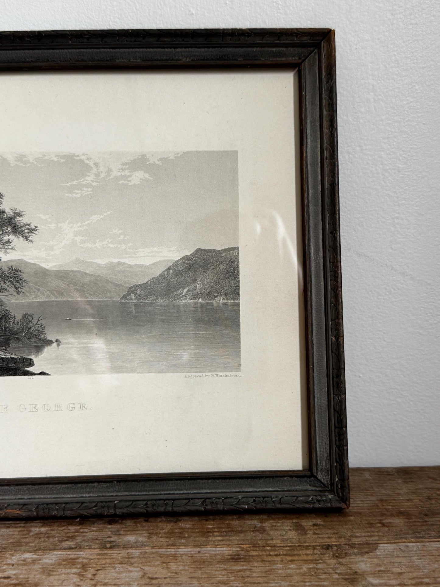 Antique Lake George Water New York Engraving Print in Grey Frame Wall Art