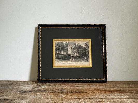 Antique Hand Colored Engraving St. Mawgan Church Lanhern Nunnery Cornwall UK England Wall Art black gold