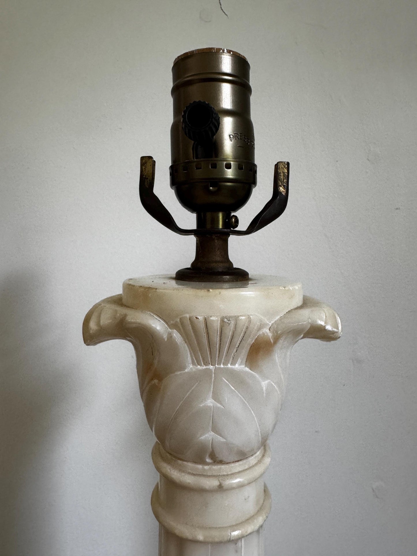 Antique Pair Neoclassical Tall Marble Alabaster Column White Grey Stone Lamp Antique Vintage