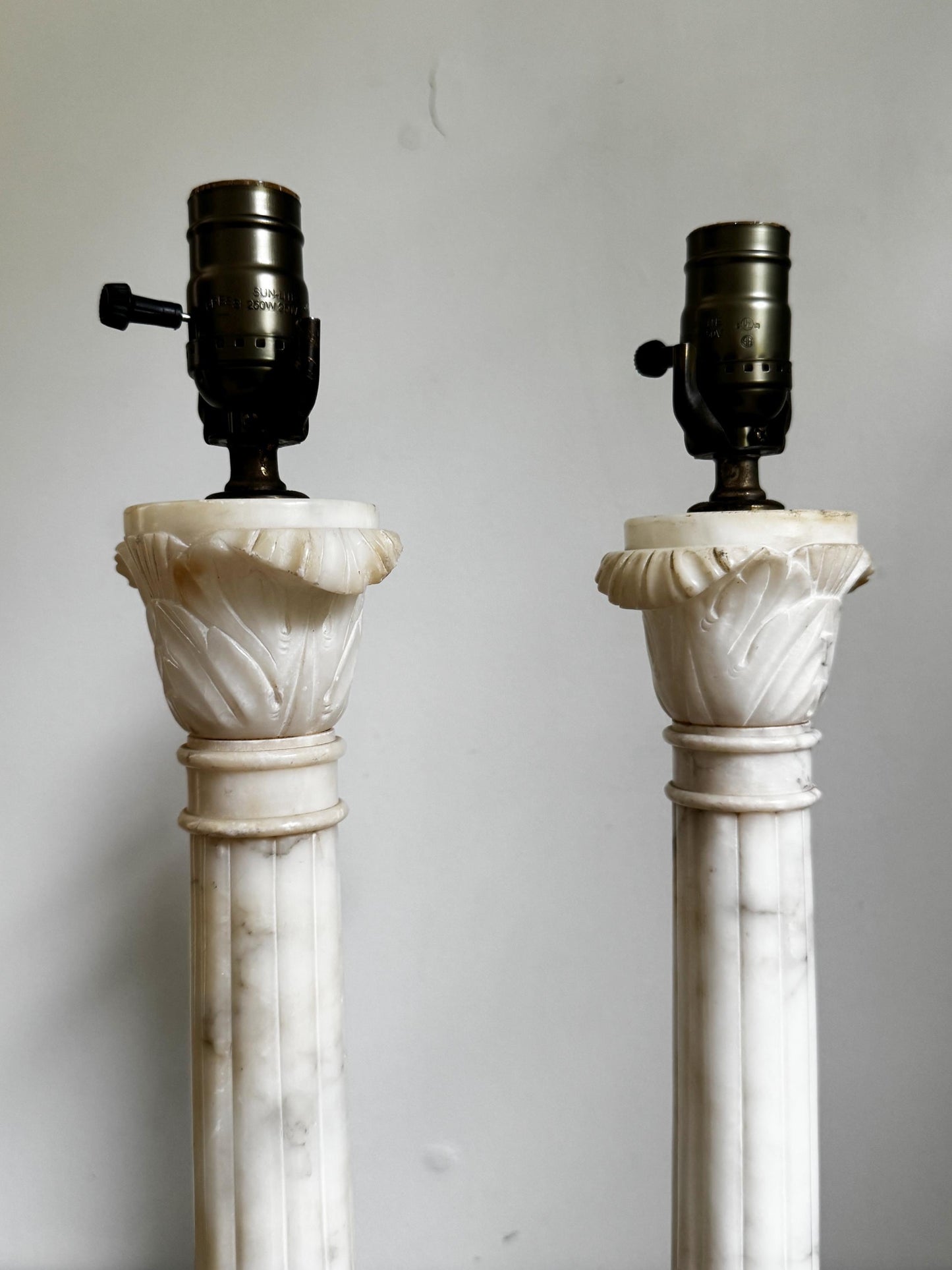 Antique Pair Neoclassical Tall Marble Alabaster Column White Grey Stone Lamp Antique Vintage