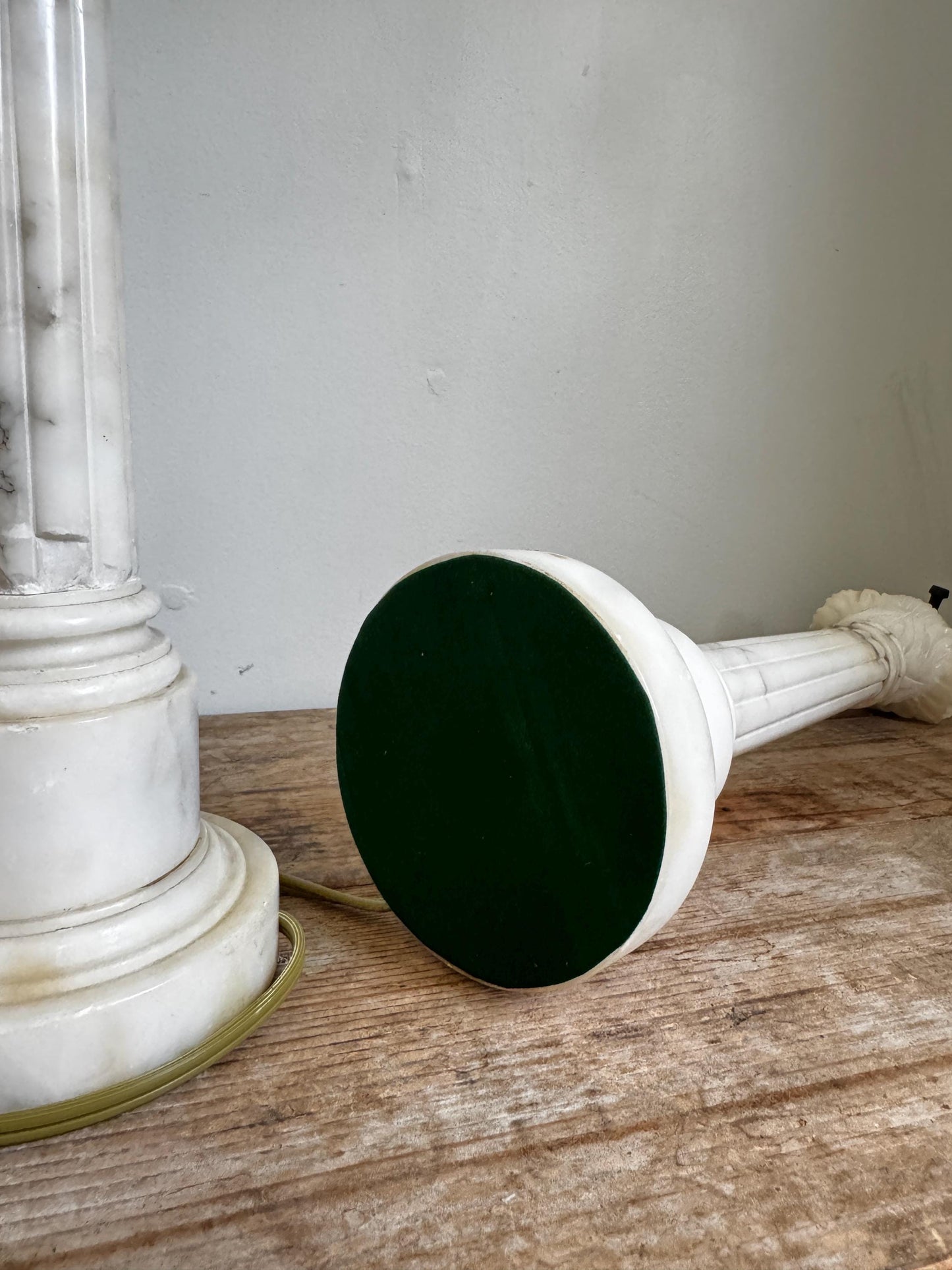 Antique Pair Neoclassical Tall Marble Alabaster Column White Grey Stone Lamp Antique Vintage