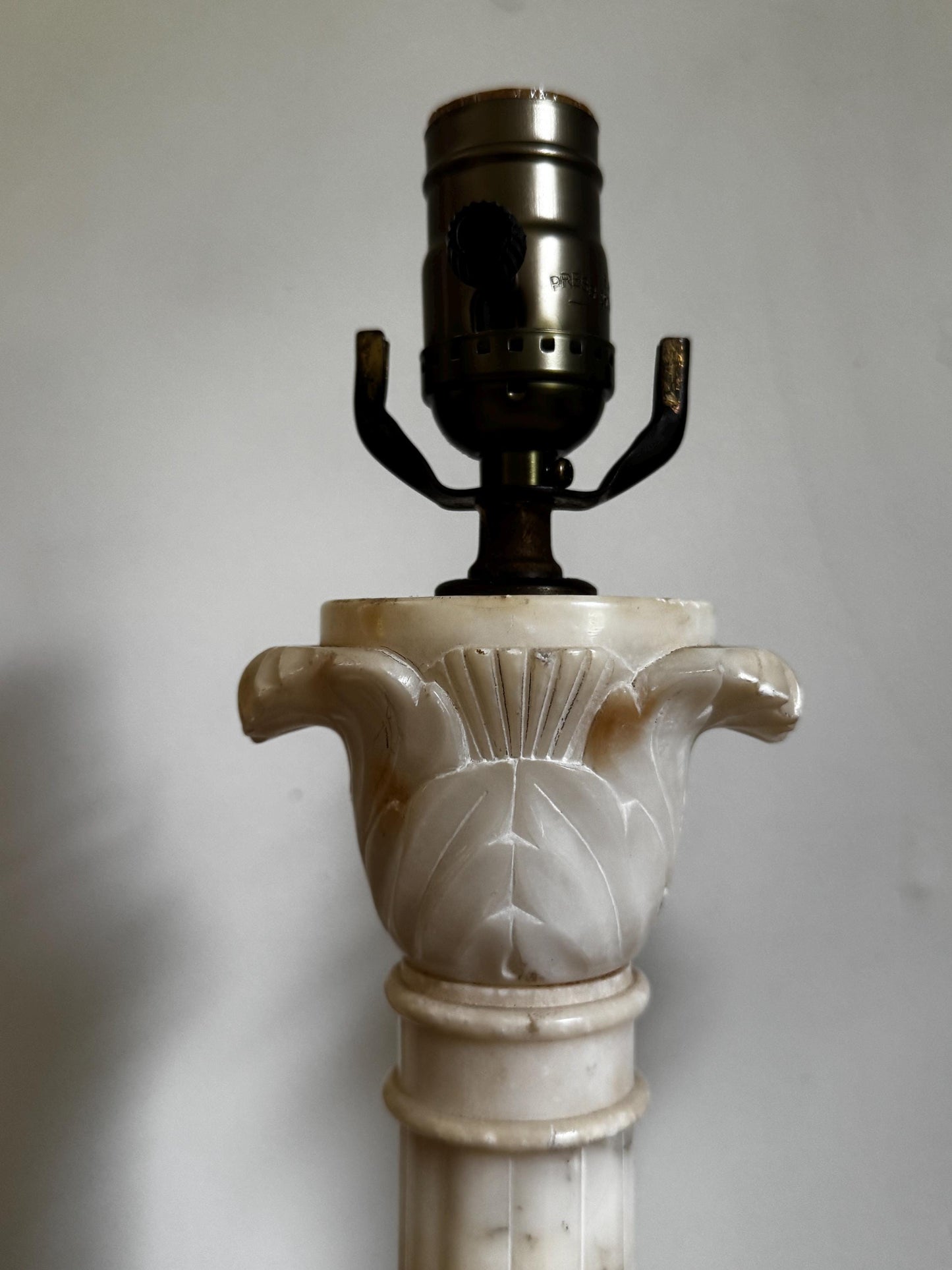 Antique Pair Neoclassical Tall Marble Alabaster Column White Grey Stone Lamp Antique Vintage