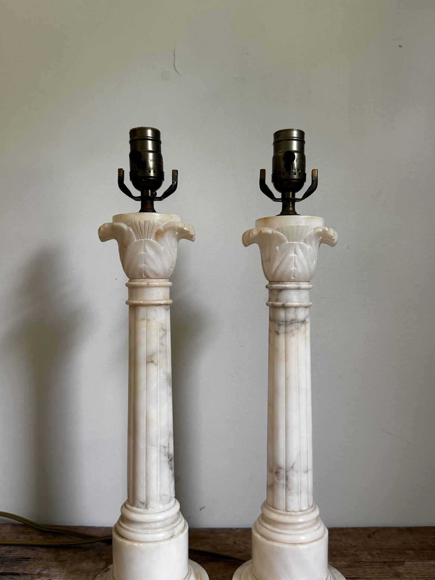 Antique Pair Neoclassical Tall Marble Alabaster Column White Grey Stone Lamp Antique Vintage