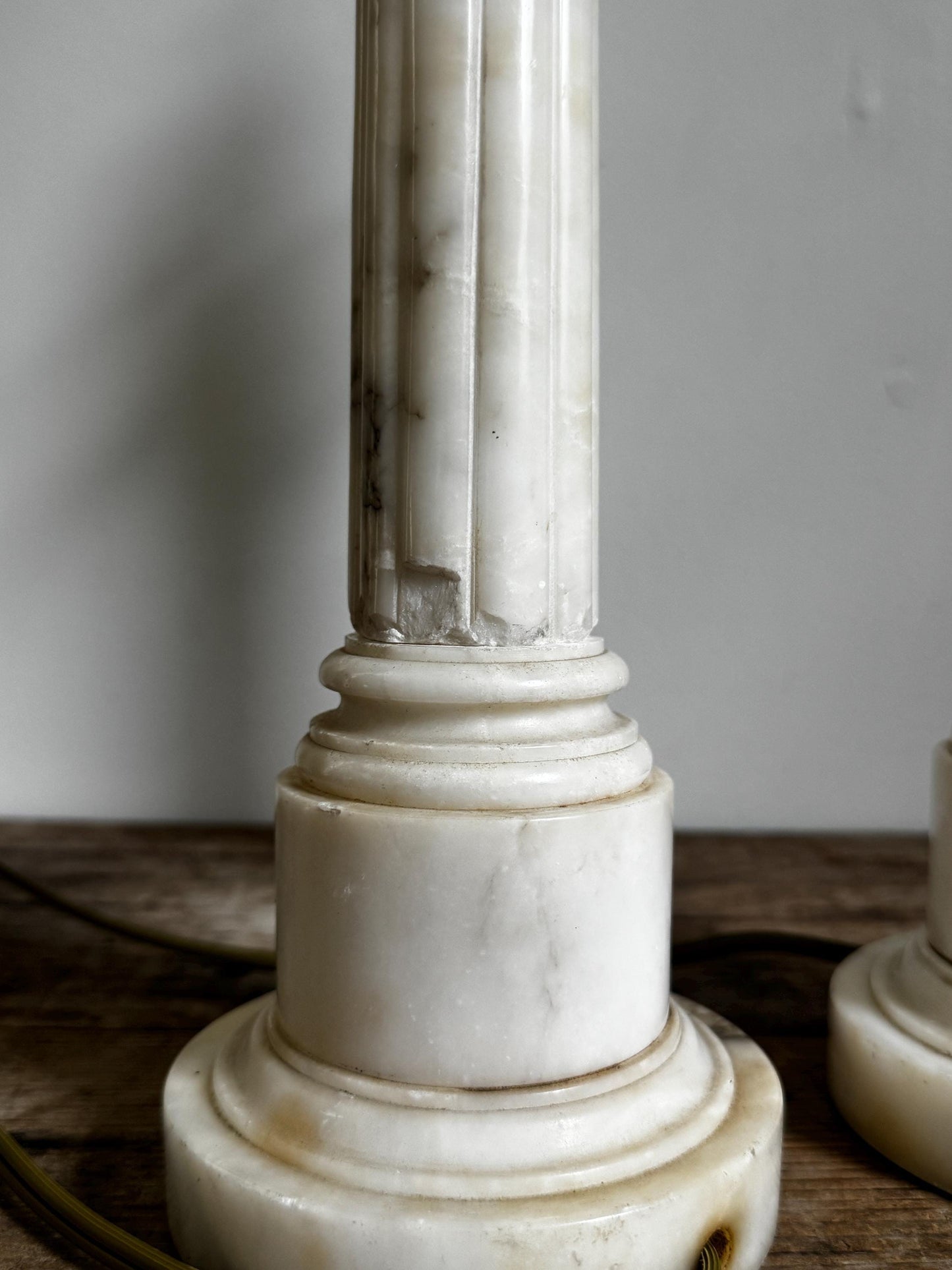 Antique Pair Neoclassical Tall Marble Alabaster Column White Grey Stone Lamp Antique Vintage