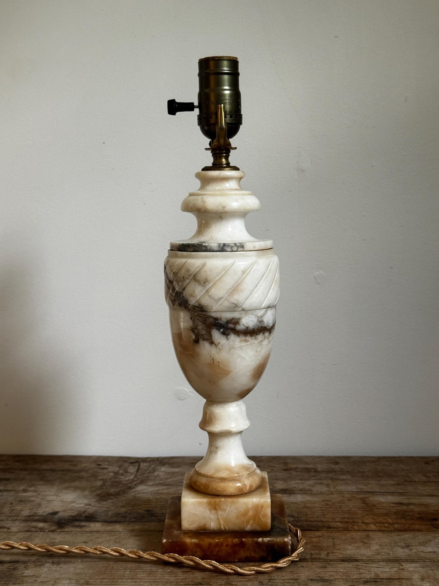Alabaster Antique Neoclassical Cream White Distressed Stone Table Lamp Antique Vintage Urn Carved