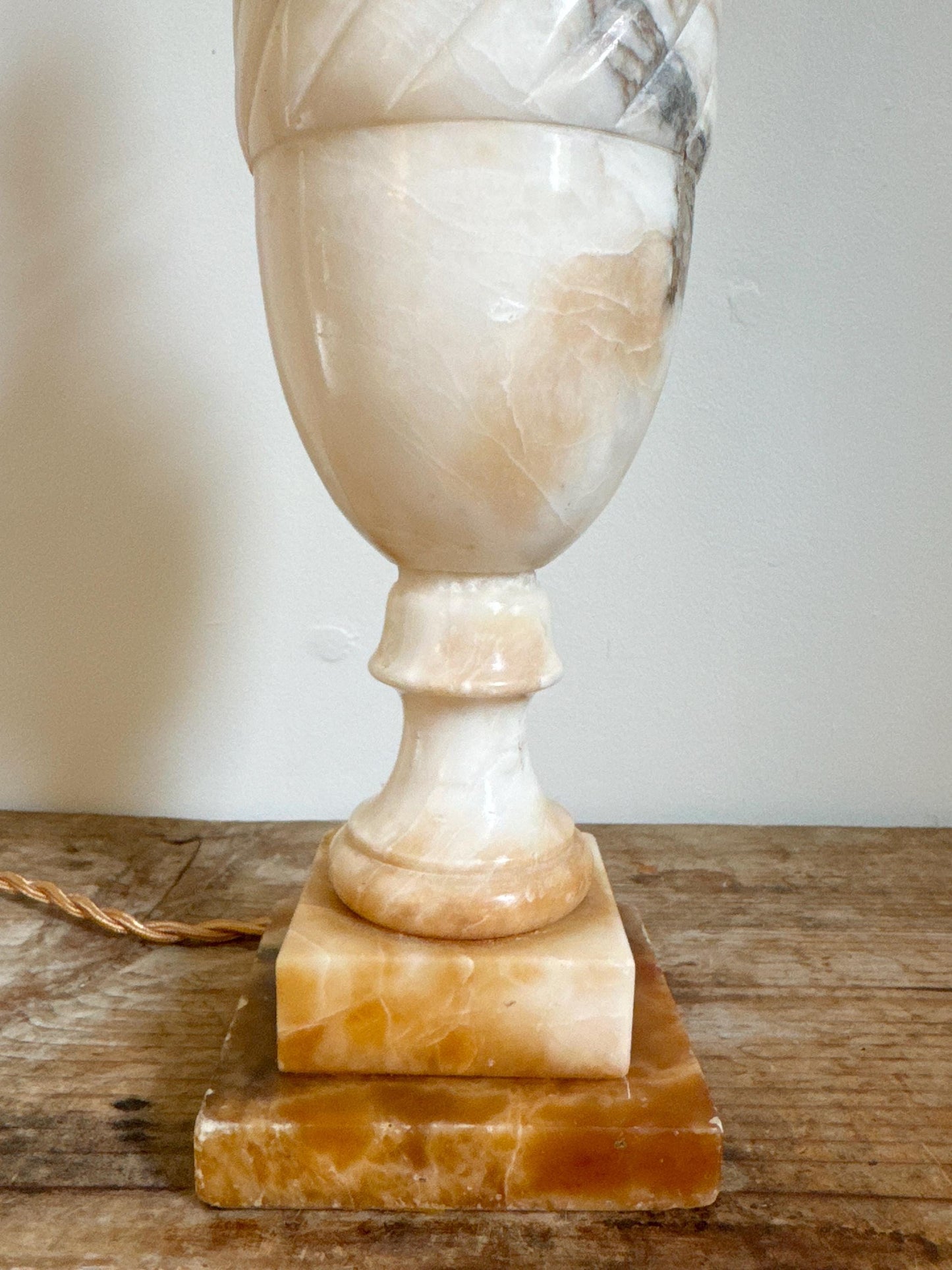 Alabaster Antique Neoclassical Cream White Distressed Stone Table Lamp Antique Vintage Urn Carved