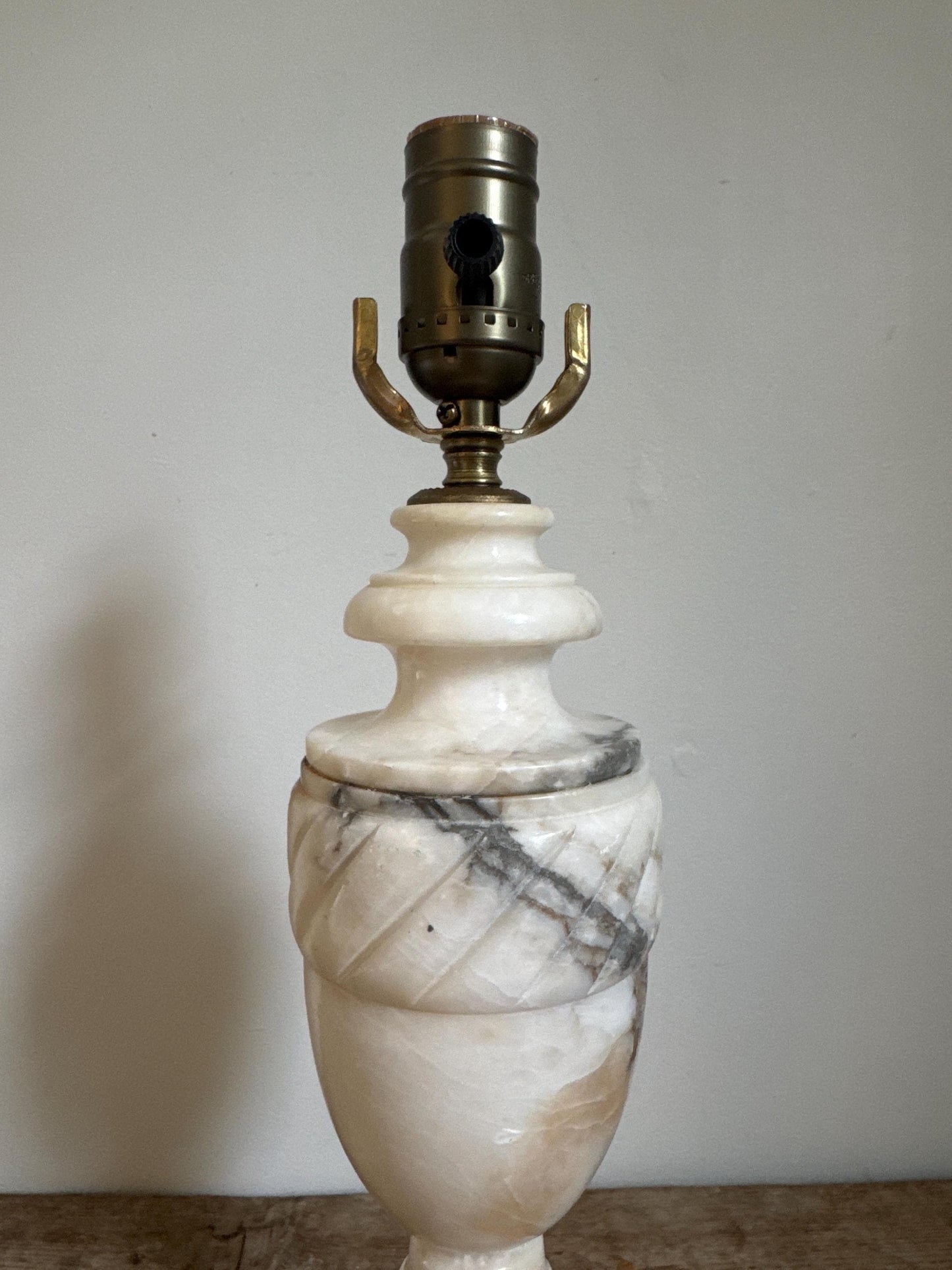 Alabaster Antique Neoclassical Cream White Distressed Stone Table Lamp Antique Vintage Urn Carved