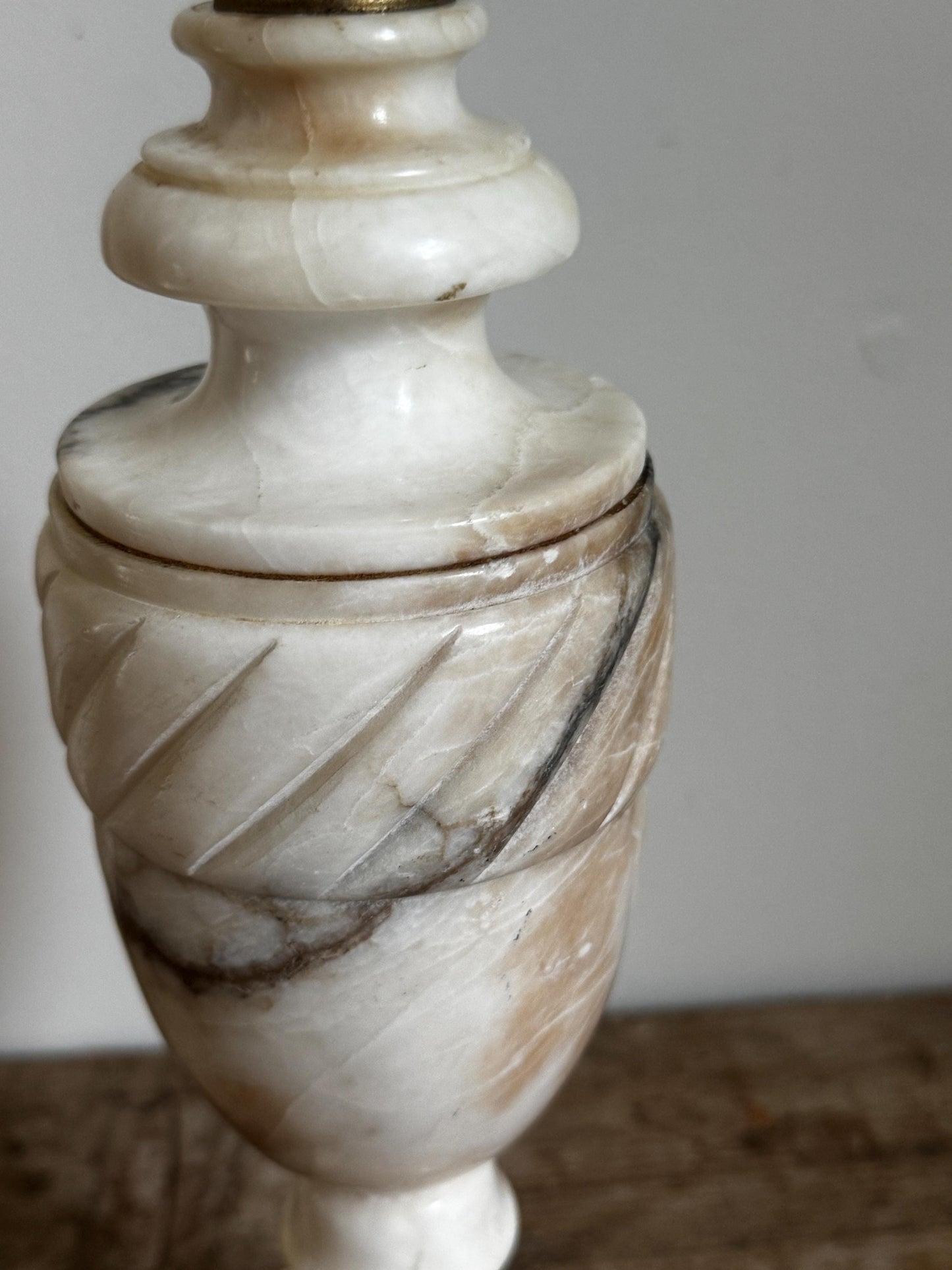Alabaster Antique Neoclassical Cream White Distressed Stone Table Lamp Antique Vintage Urn Carved