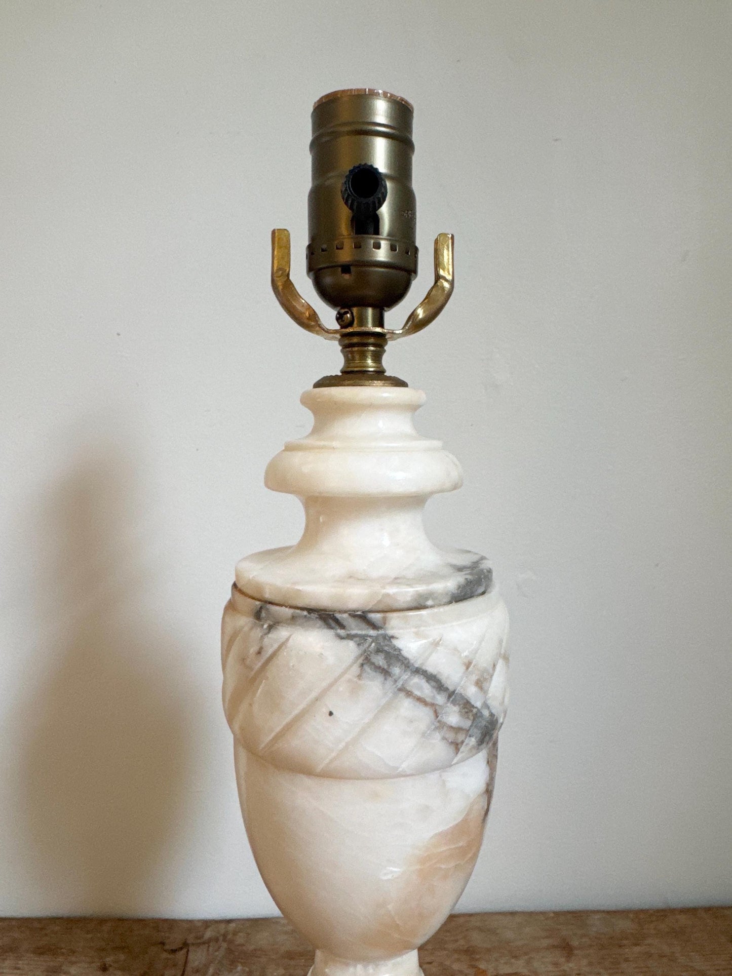 Alabaster Antique Neoclassical Cream White Distressed Stone Table Lamp Antique Vintage Urn Carved