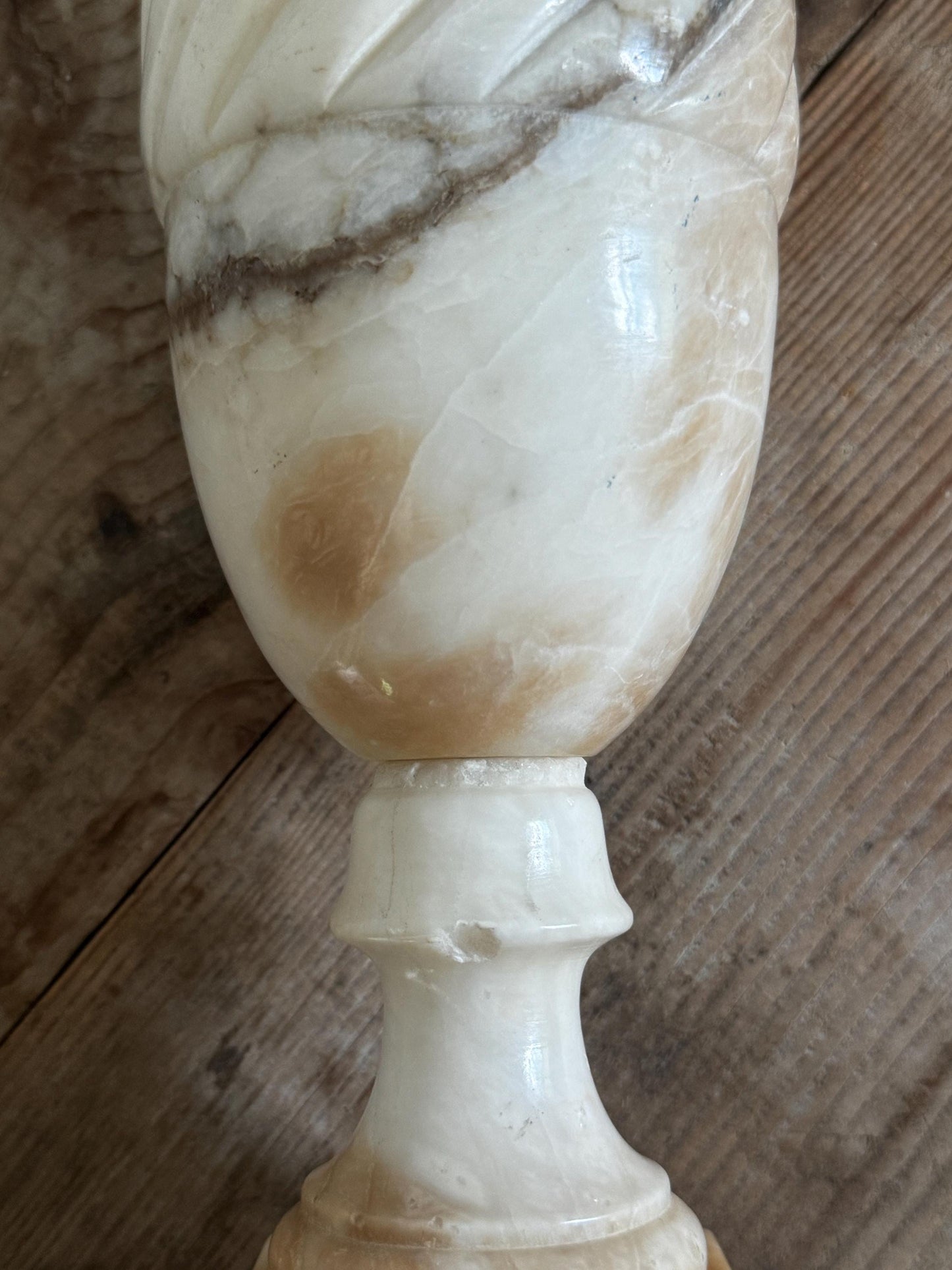 Alabaster Antique Neoclassical Cream White Distressed Stone Table Lamp Antique Vintage Urn Carved