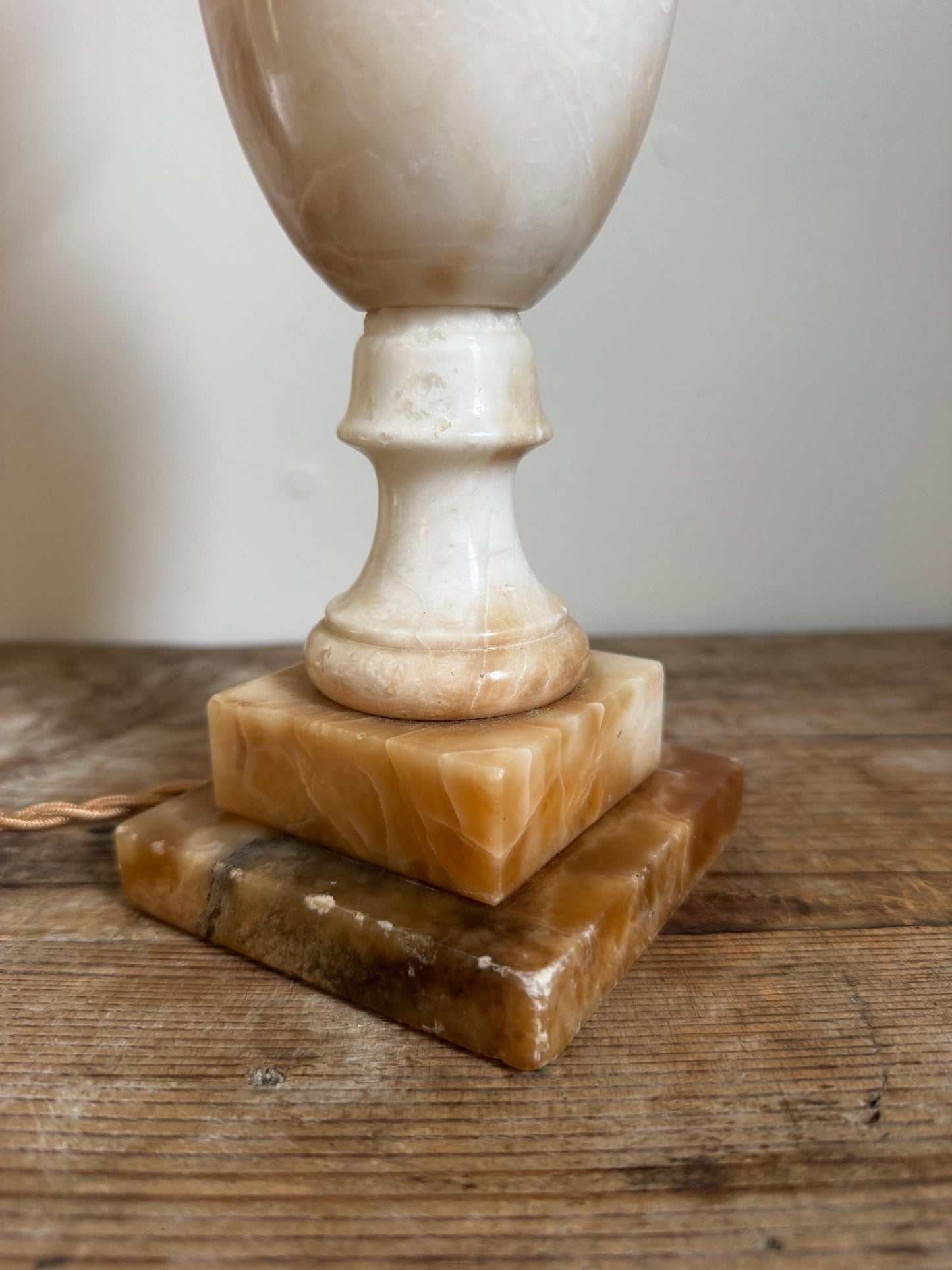 Alabaster Antique Neoclassical Cream White Distressed Stone Table Lamp Antique Vintage Urn Carved