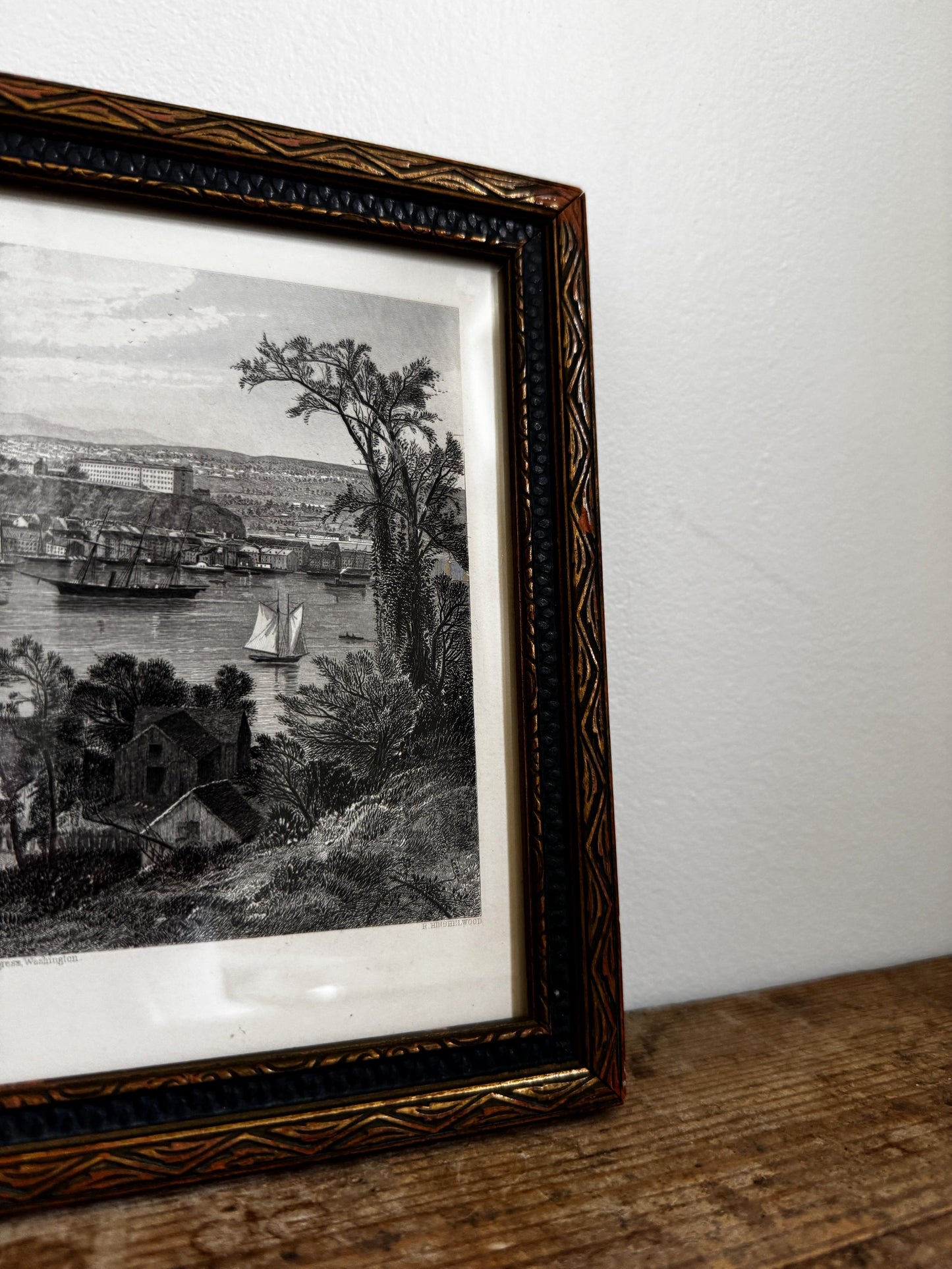 Antique Quebec River Water Canada Engraving Print in Wood Frame Wall Art St. Lawrence River