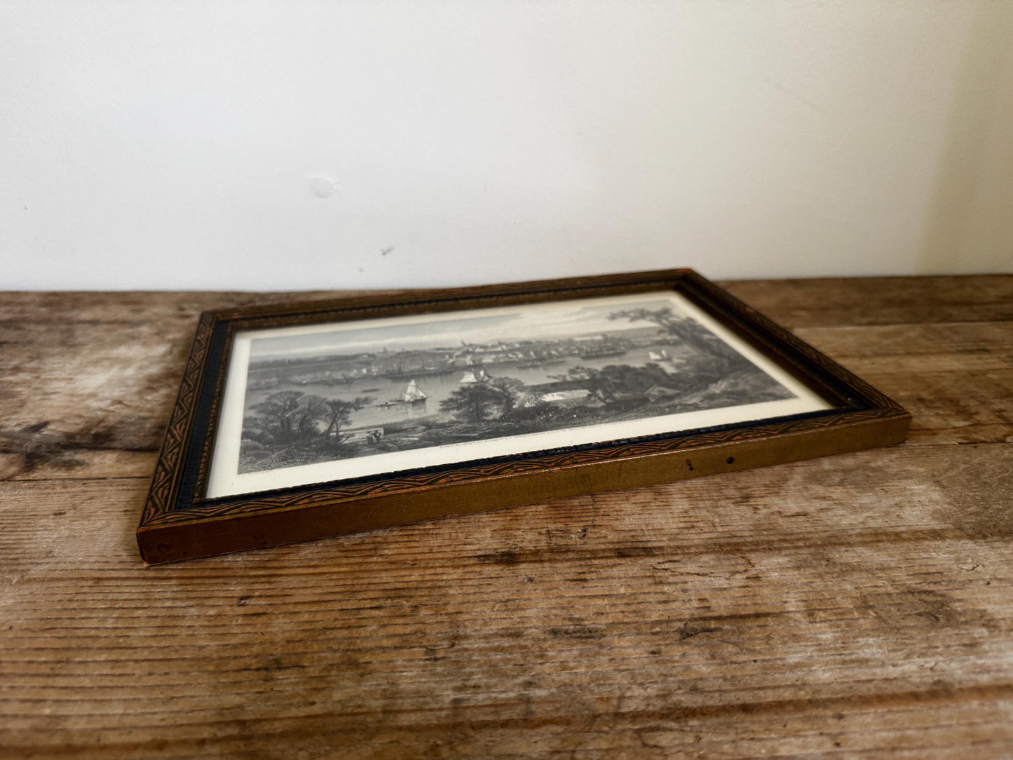 Antique Quebec River Water Canada Engraving Print in Wood Frame Wall Art St. Lawrence River