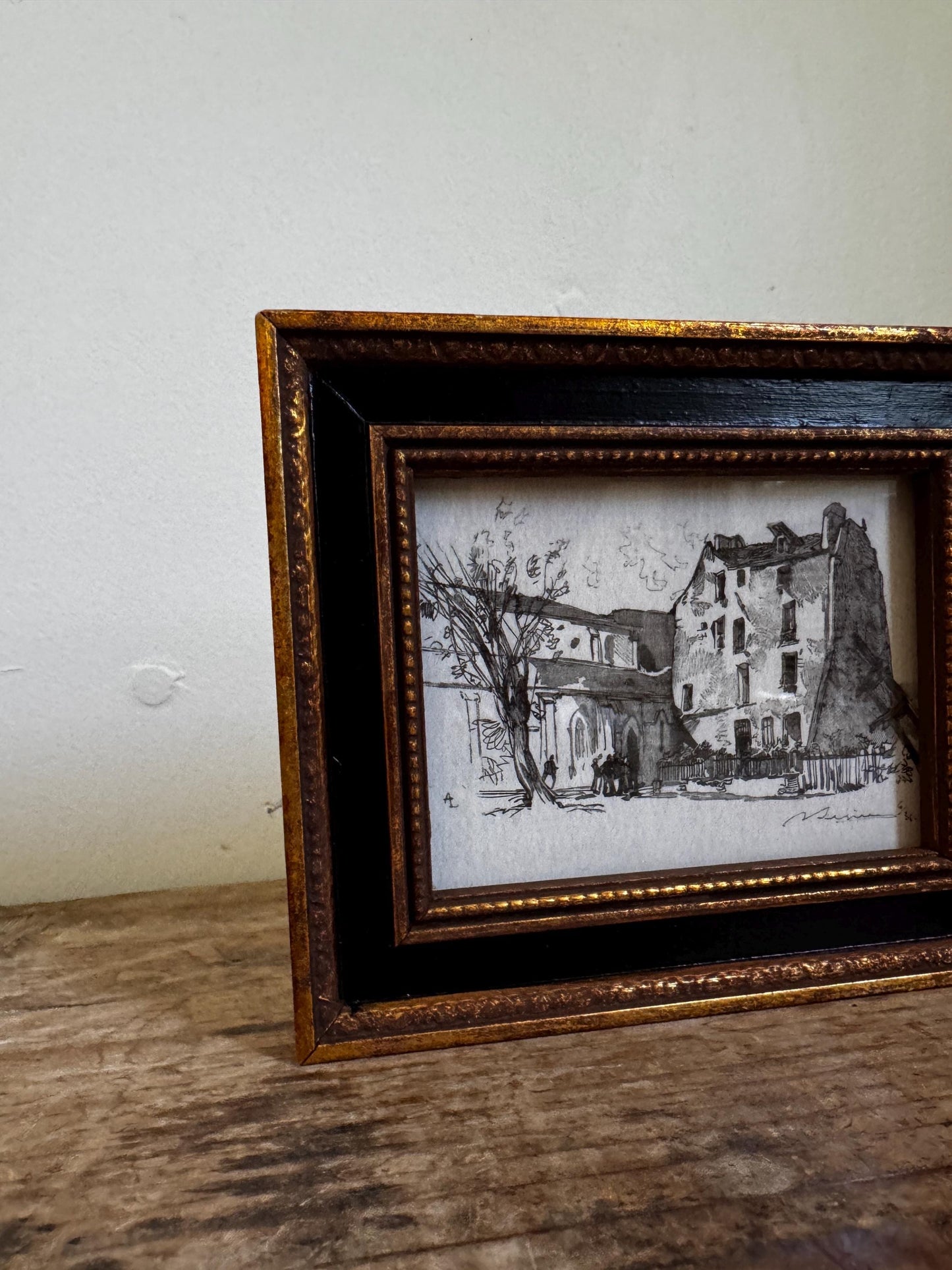 Small Framed Engraving St. Julien le Pauvre Le Presbytere Print Giclee Print Wall Art Gold Black Wood Frame