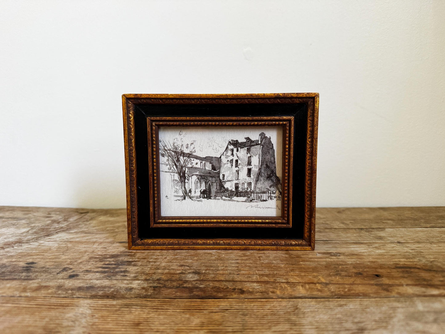 Small Framed Engraving St. Julien le Pauvre Le Presbytere Print Giclee Print Wall Art Gold Black Wood Frame