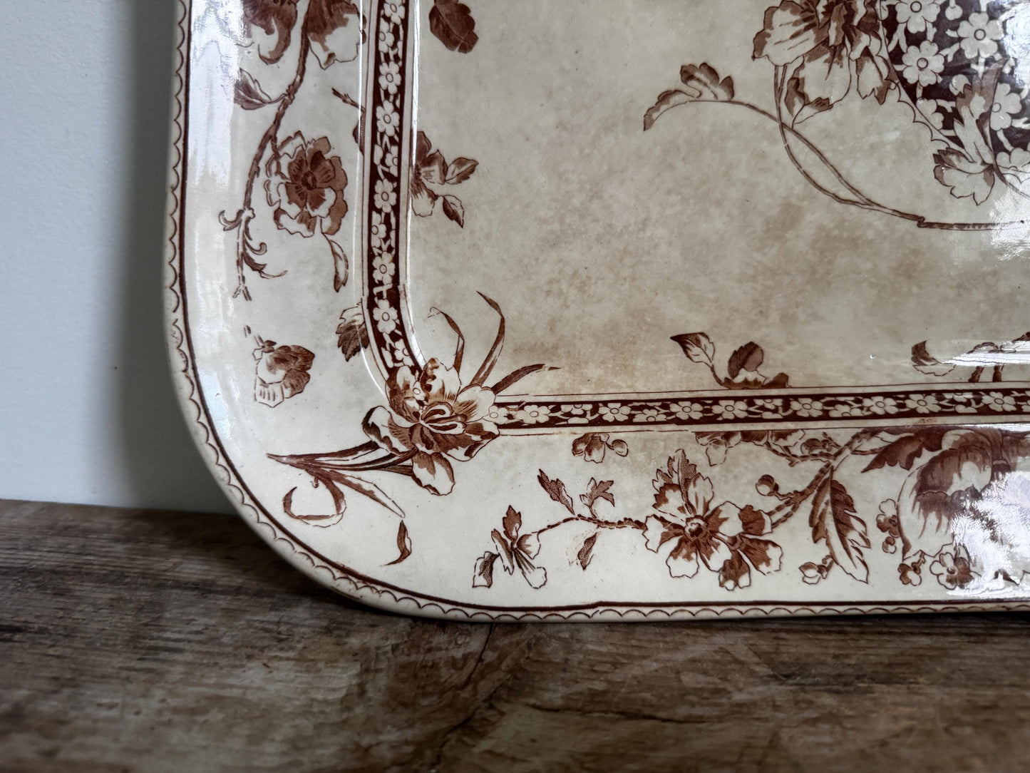 Antique Doultons Oxford Brown Transferware Stained Platter Distressed Crazed Plate Oval Dish Tray Platterr