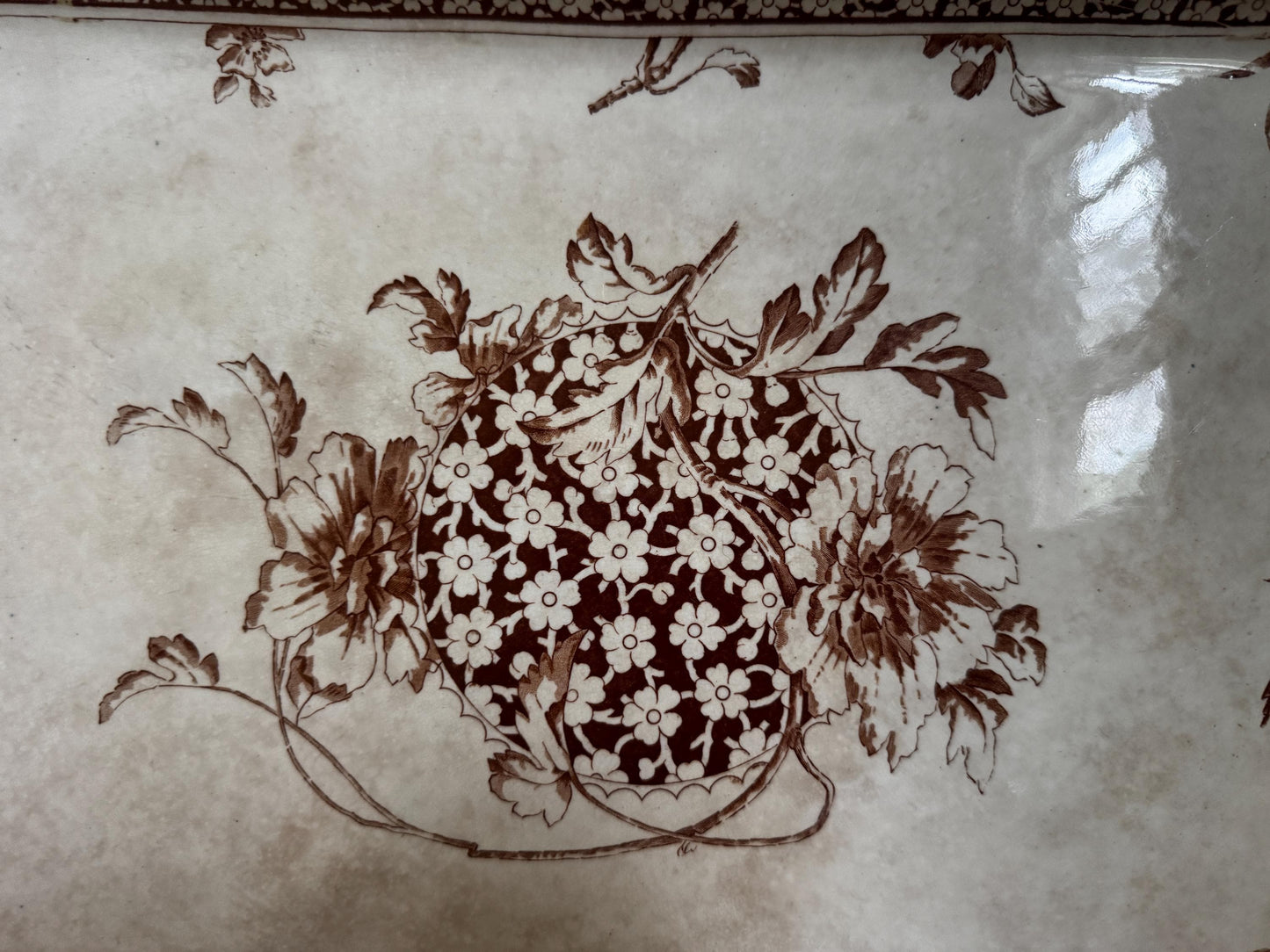 Antique Doultons Oxford Brown Transferware Stained Platter Distressed Crazed Plate Oval Dish Tray Platterr