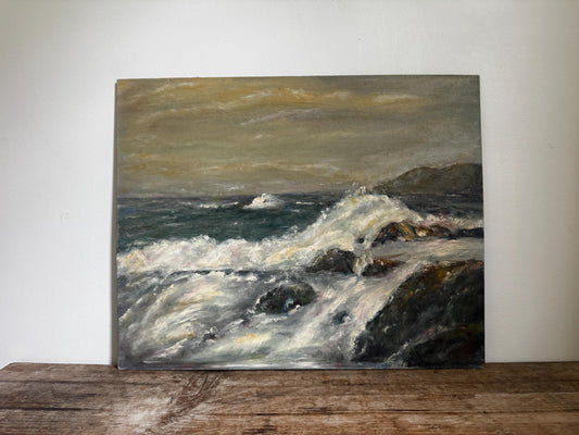 Vintage 1960s Oil Painting on Panel Ocean Coastal Landscape Unframed Hobby Painting Vintage 16x20 Wall Art