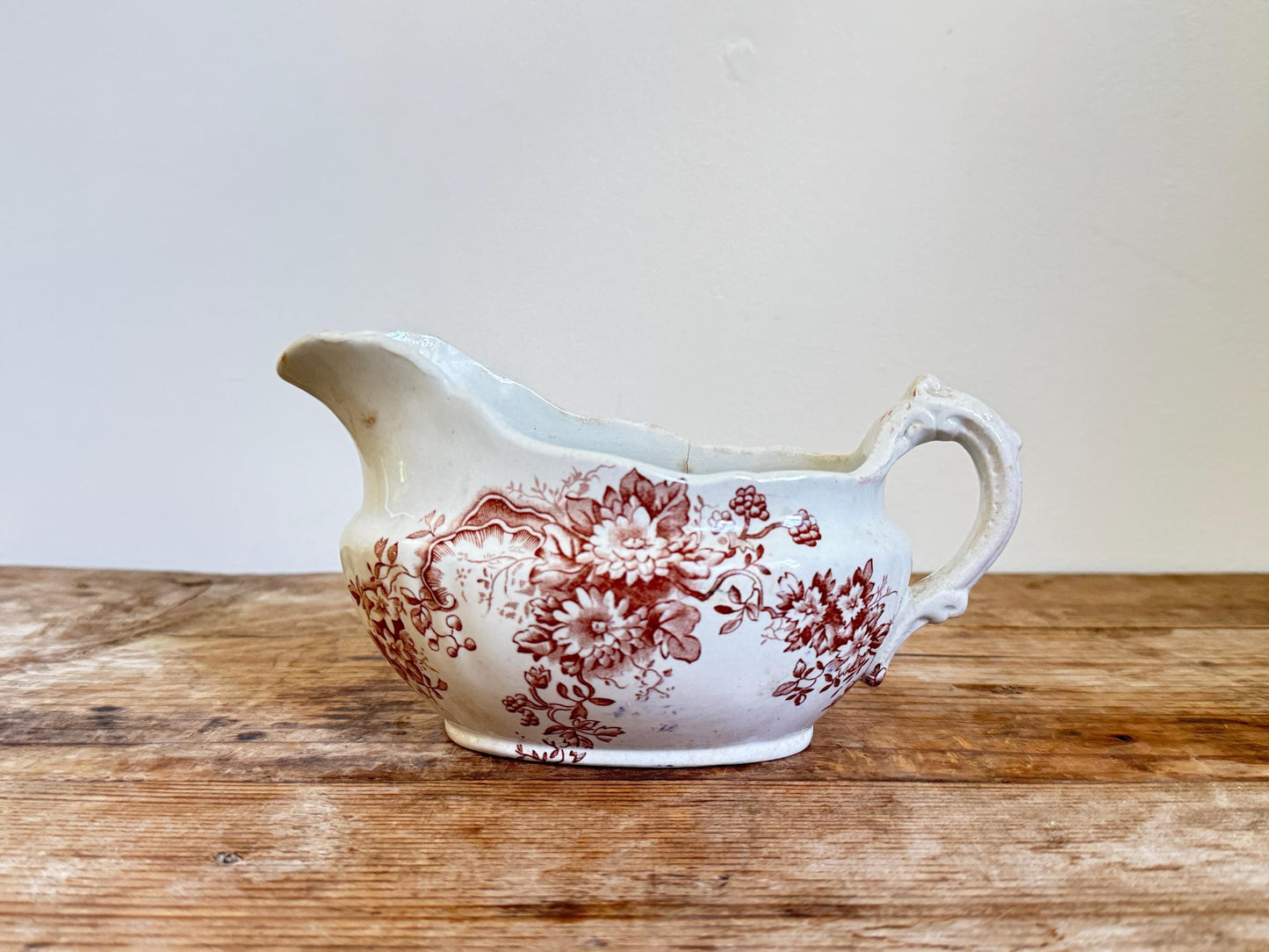 Antique Irene DR England Floral Brown White Transferware Creamer Gravy Boat Serving Antique Distressed Ironstone 1800s