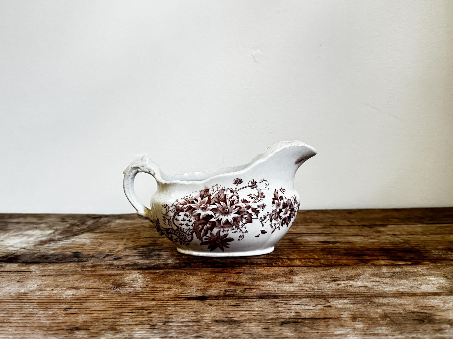 Antique Irene DR England Floral Brown White Transferware Creamer Gravy Boat Serving Antique Distressed Ironstone 1800s