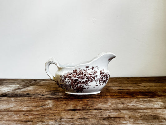 Antique Irene DR England Floral Brown White Transferware Creamer Gravy Boat Serving Antique Distressed Ironstone 1800s