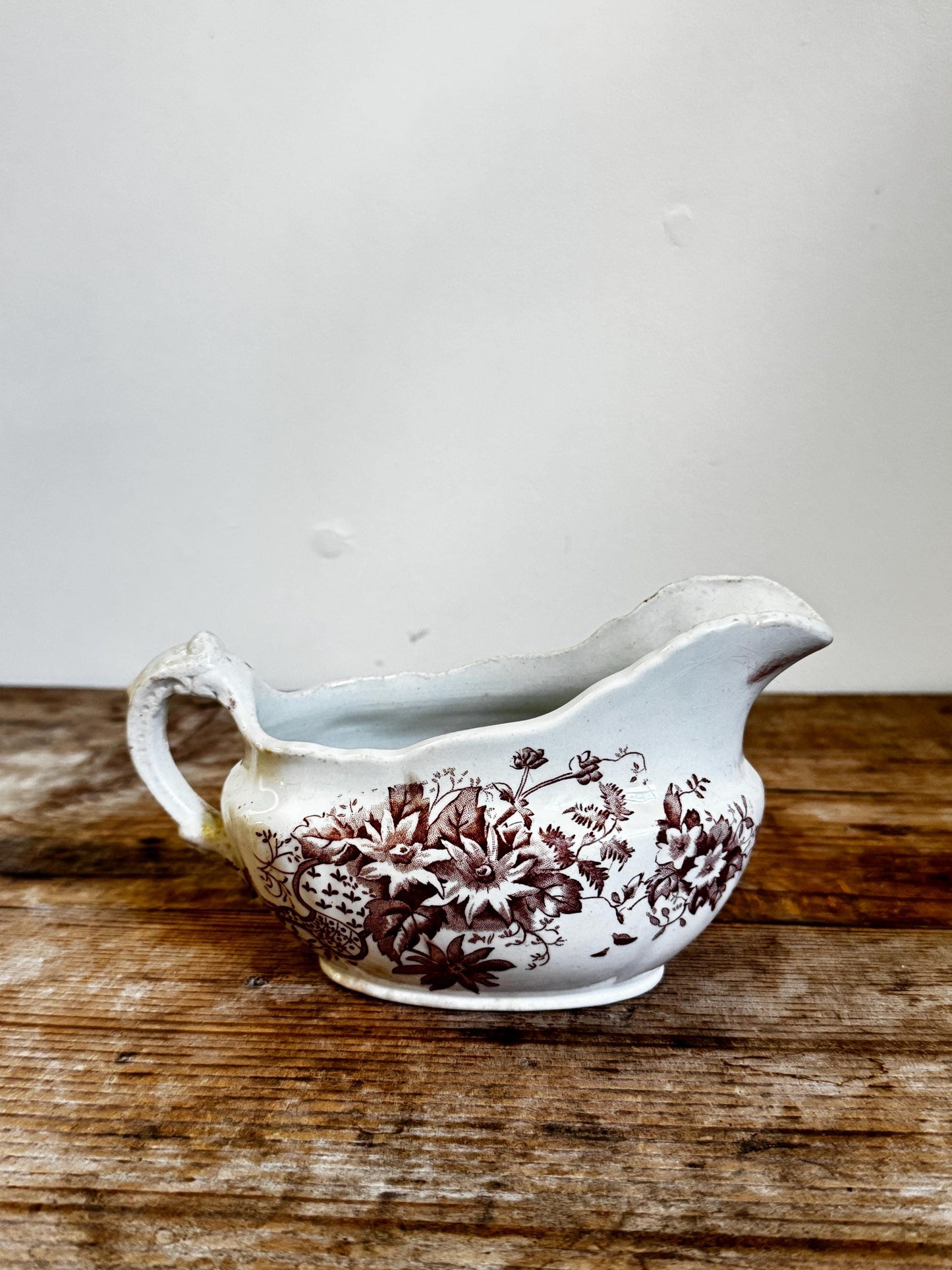 Antique Irene DR England Floral Brown White Transferware Creamer Gravy Boat Serving Antique Distressed Ironstone 1800s