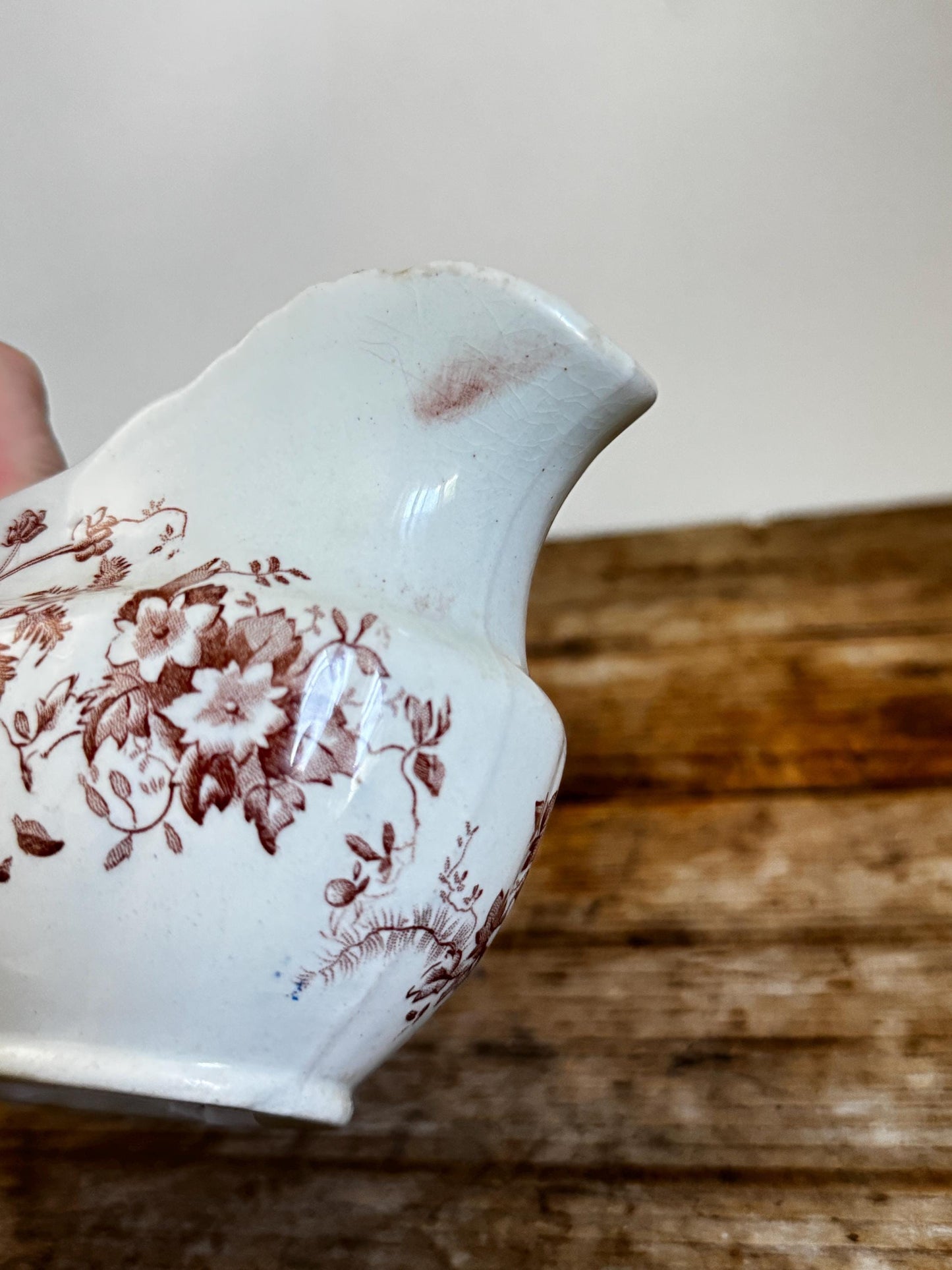 Antique Irene DR England Floral Brown White Transferware Creamer Gravy Boat Serving Antique Distressed Ironstone 1800s