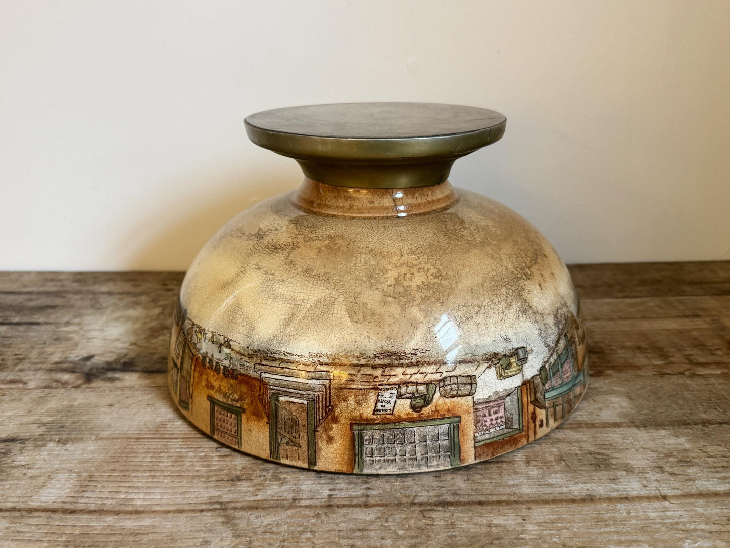 Antique Distressed Dickens Ware Large Noke Crazed Stained Pedestal Married Serving Bowl
